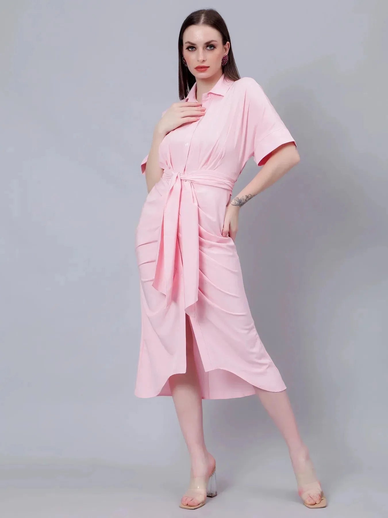 Cinched Waist Belted Shirt Dress