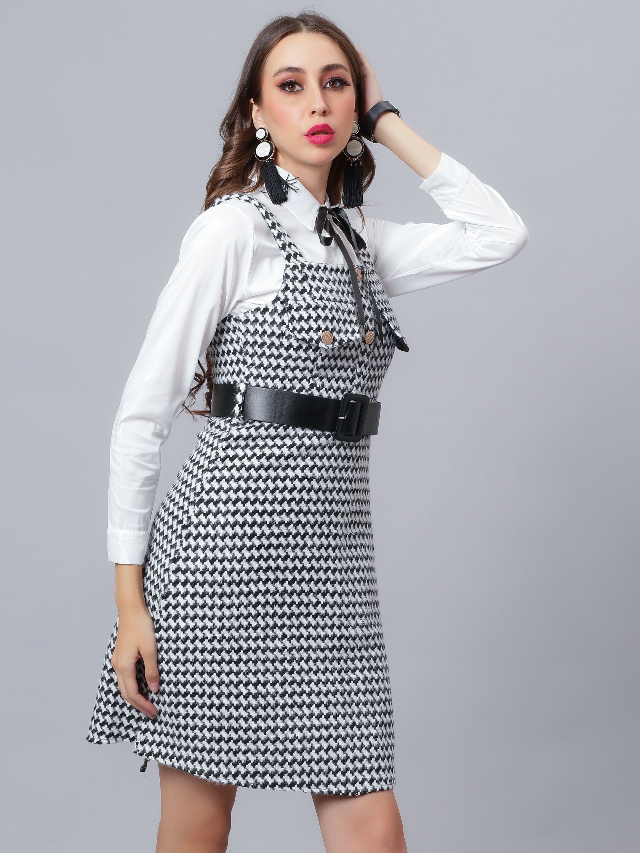 Houndstooth Tweed Suspender Dress & Shirt Set