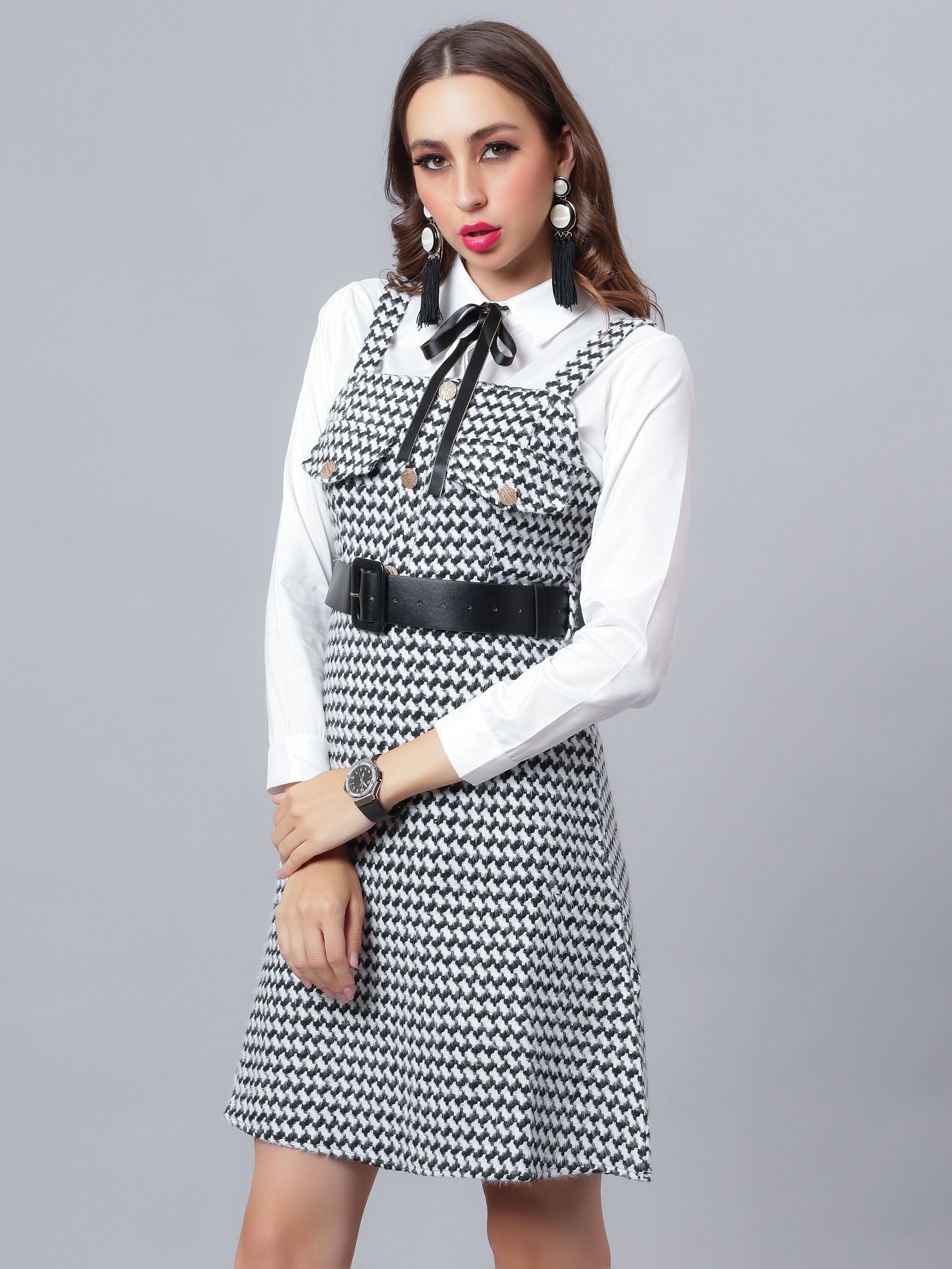 Houndstooth Tweed Suspender Dress & Shirt Set