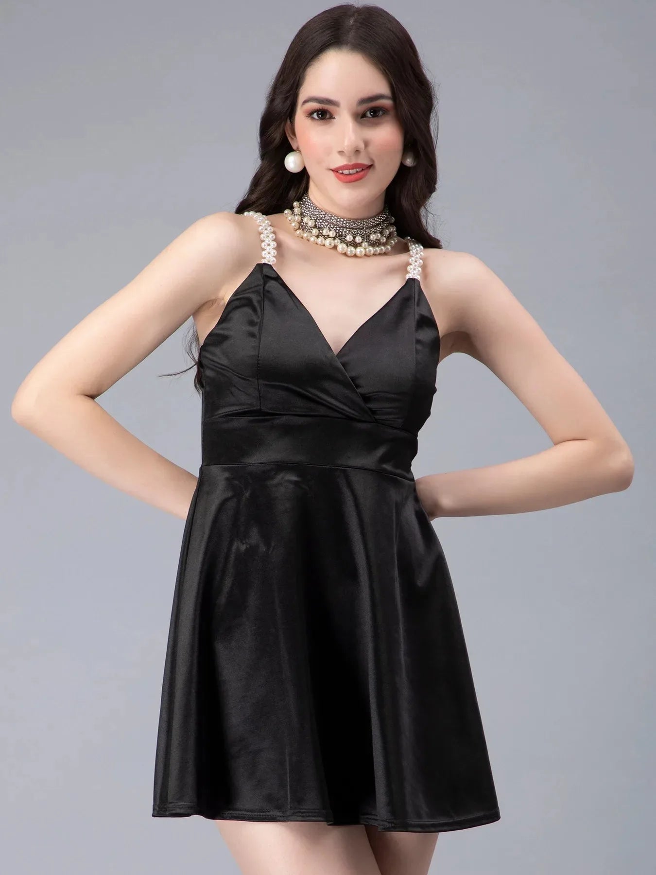 Pearl Straps Front Overlap Dress