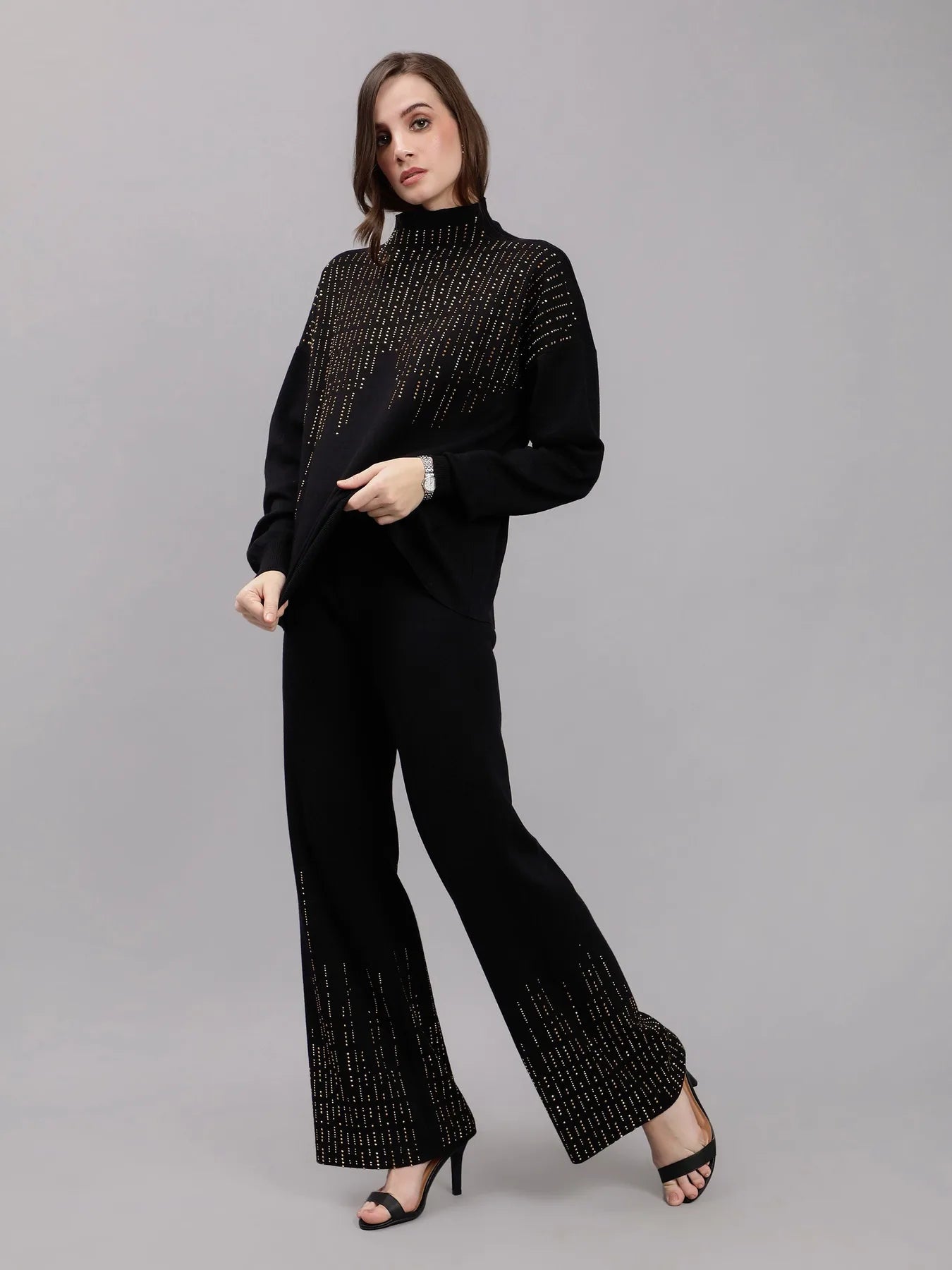 Metallic Rhinestone Knitted Two Piece Set
