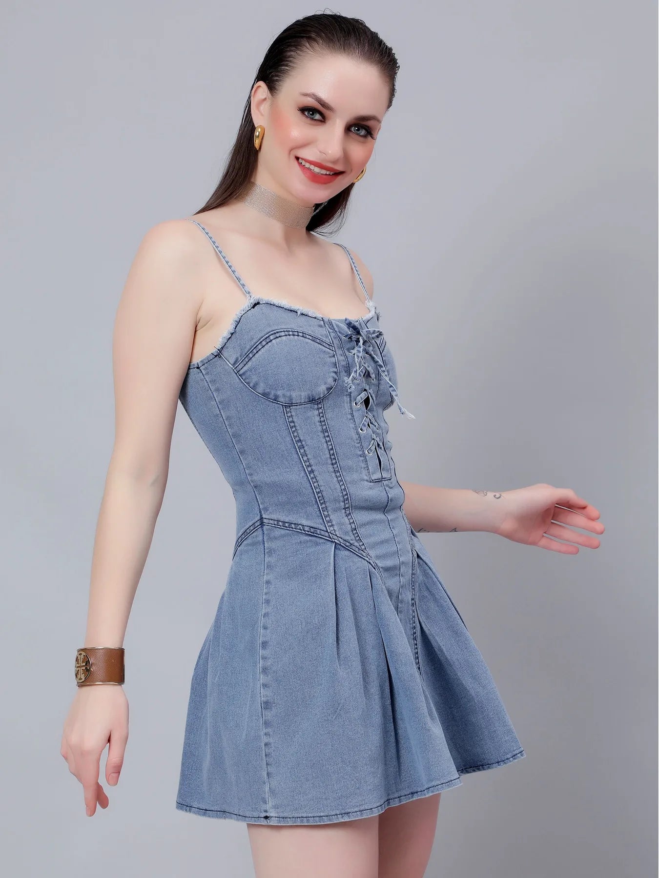 Lace Up Pleated Denim Dress