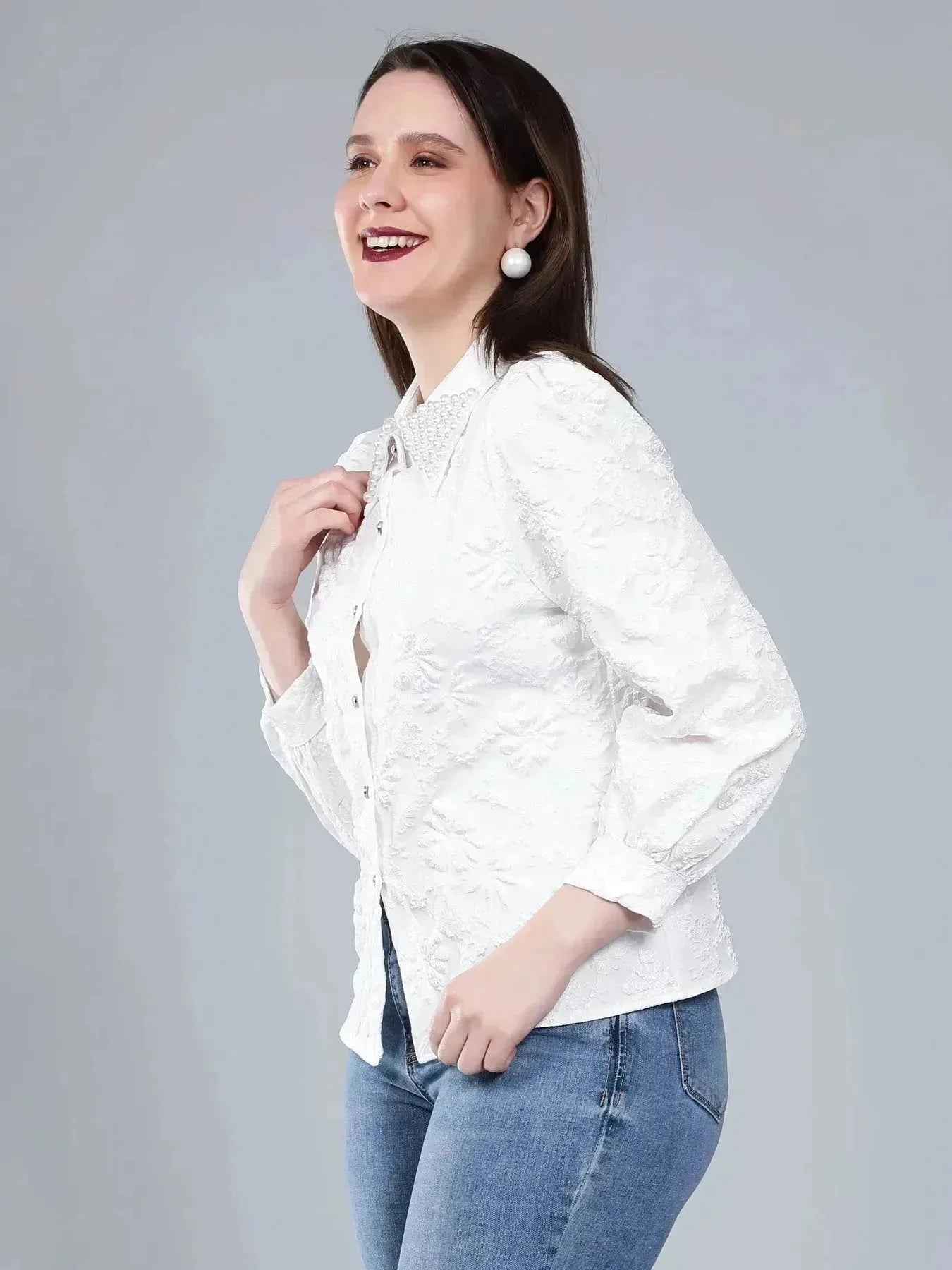 Pearl Beading Jacquard Shirt