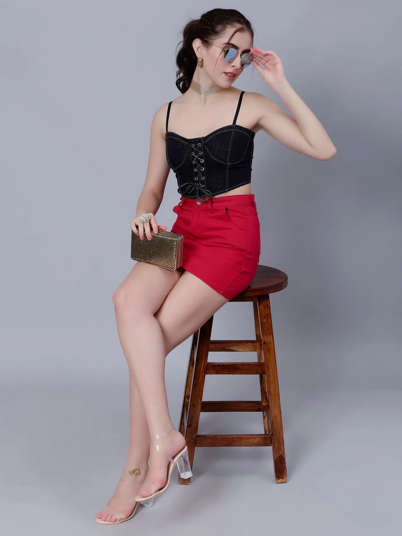 Lace-Up Denim Crop Top