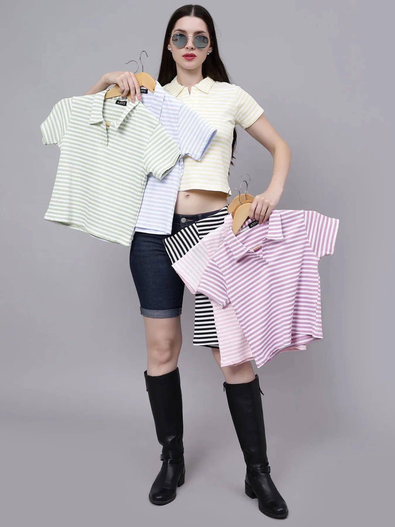 Cotton Striped Polo Neck T-Shirt