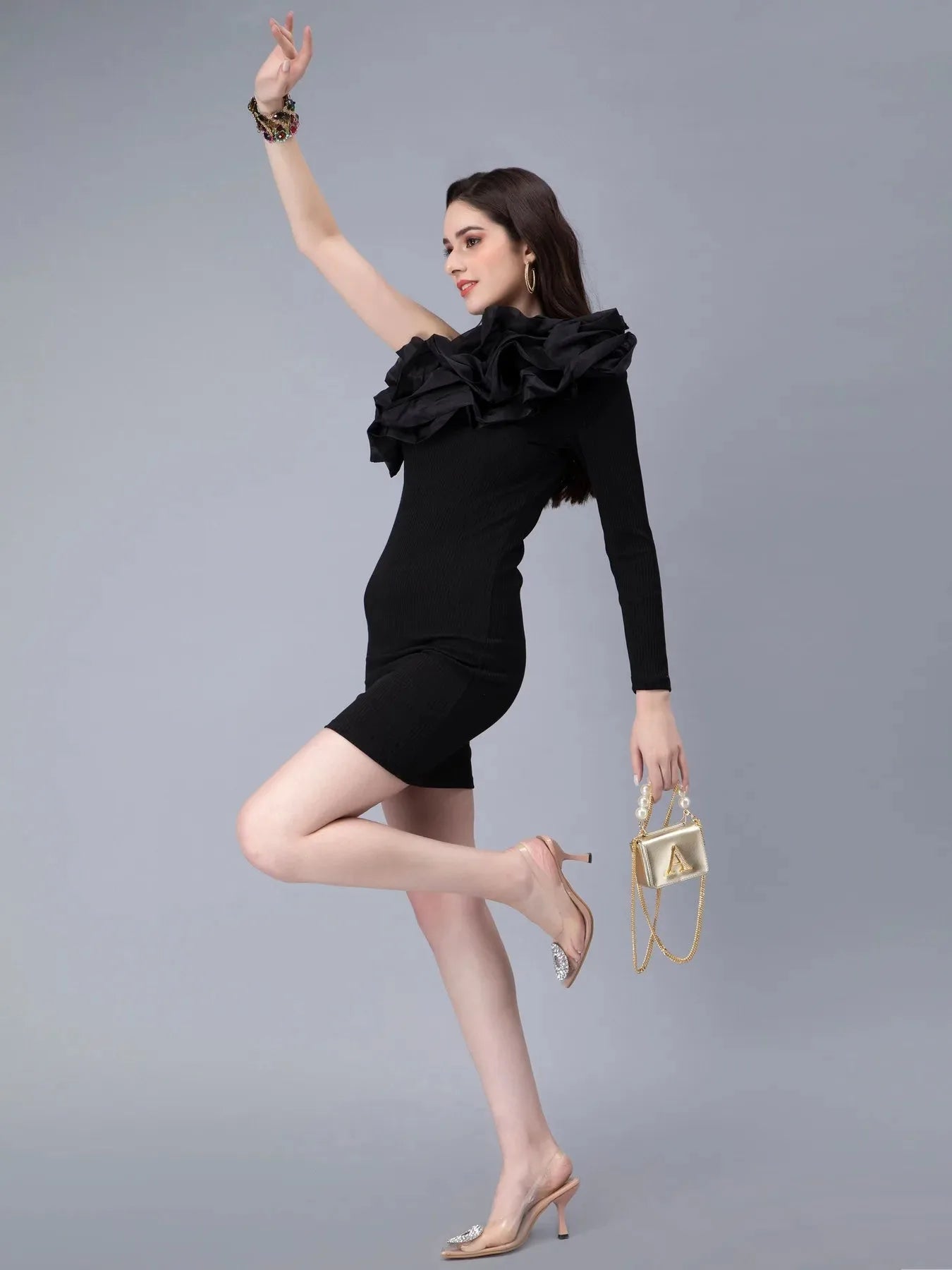 One Shoulder Ruffle Rib Knit Dress