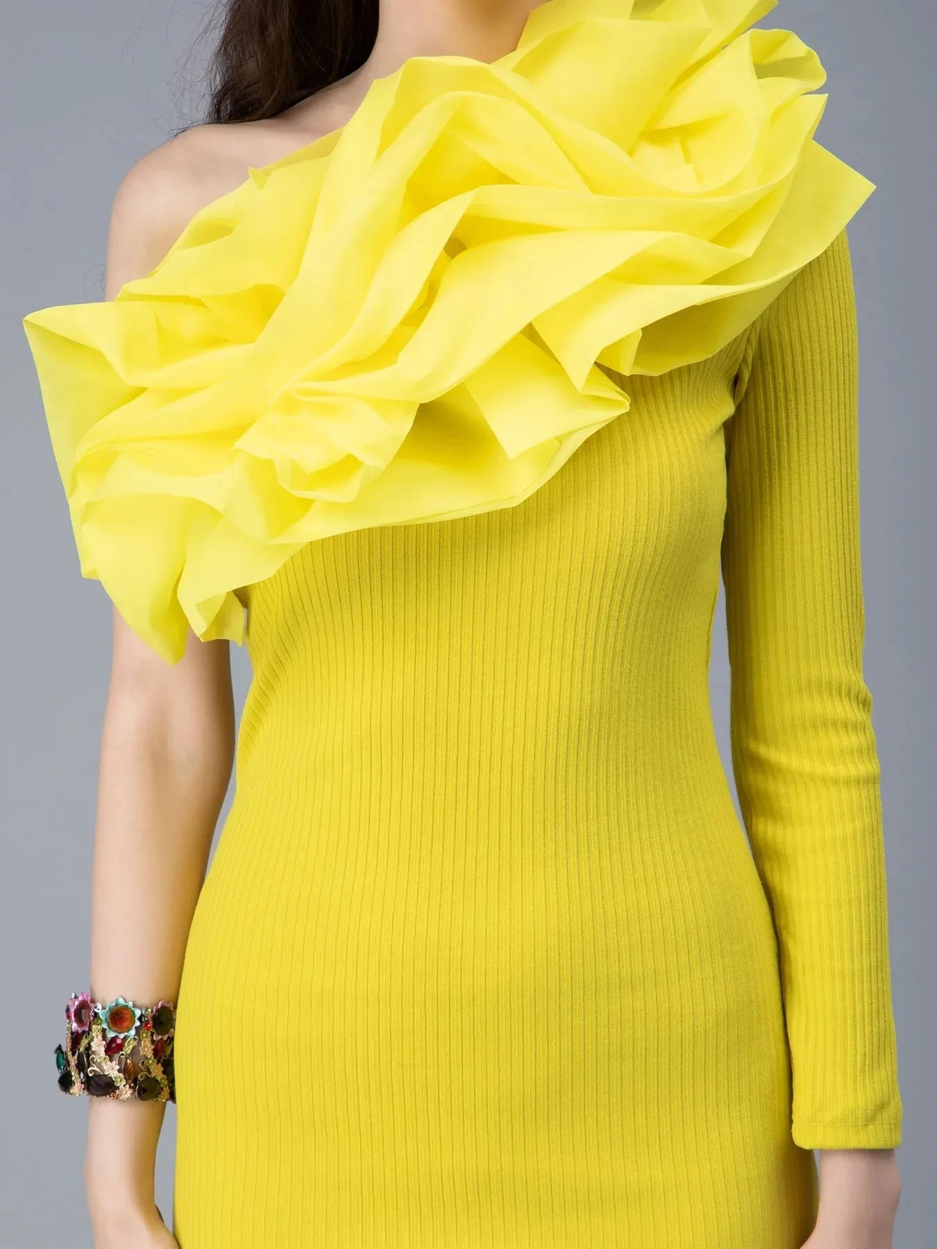 One Shoulder Ruffle Rib Knit Dress