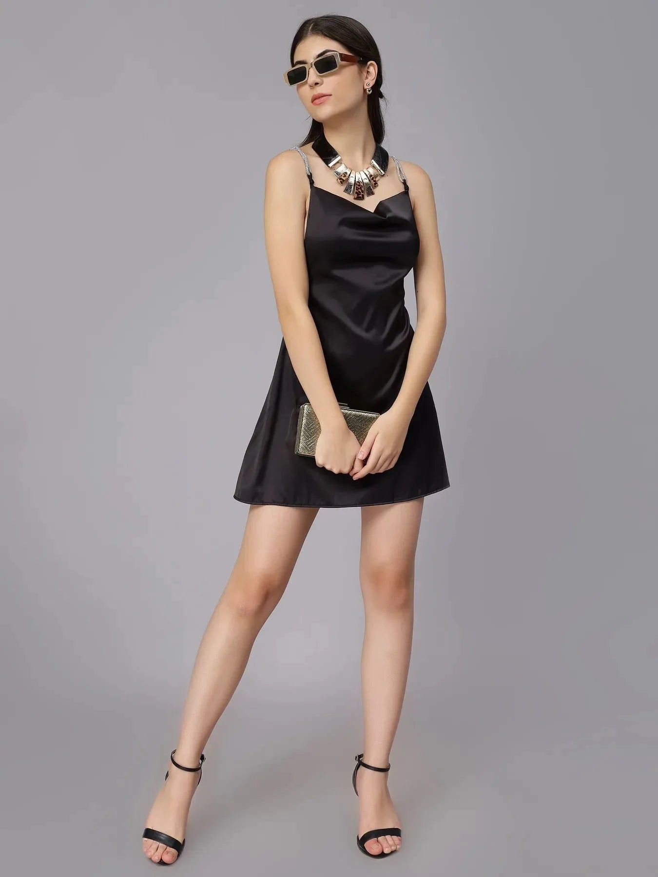 Rhinestone Strings Satin Short Slip Dress