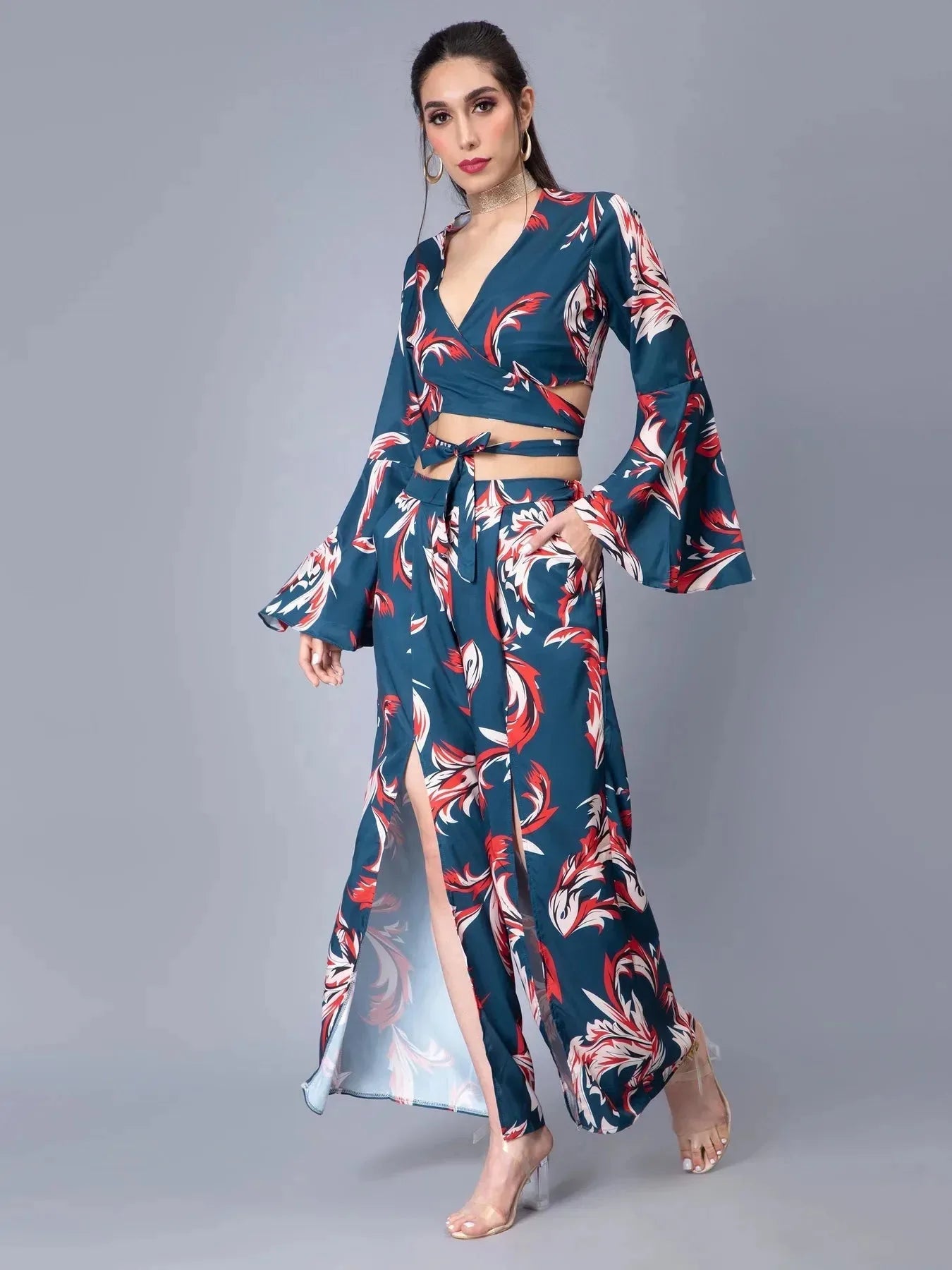 Tie Belt Wrap Top With Pants Set