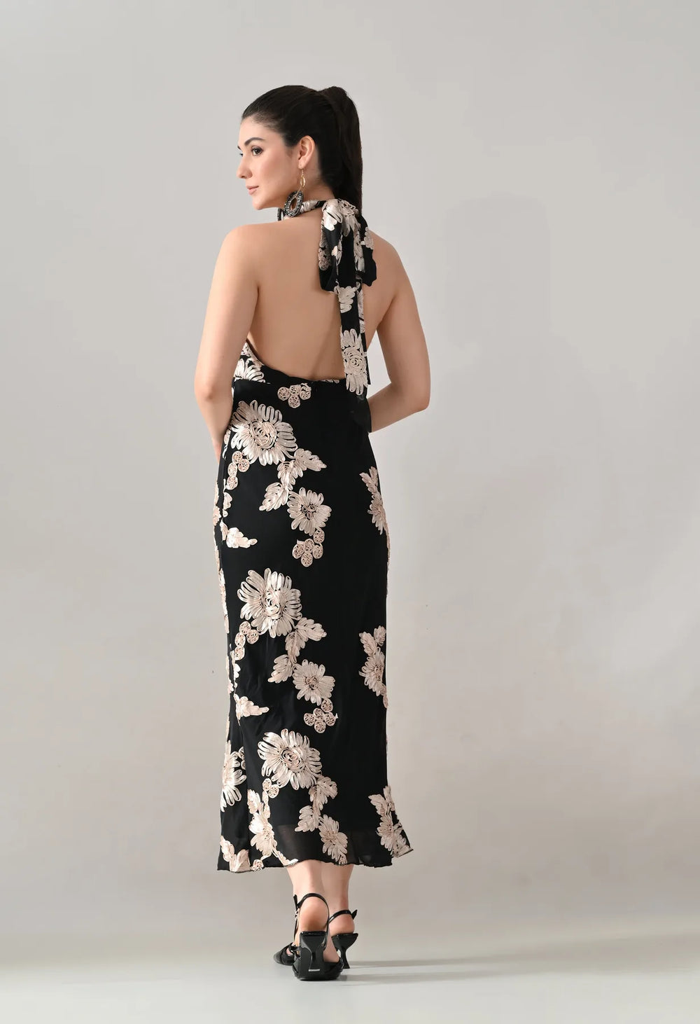 Midnight Bloom Halter Maxi Dress