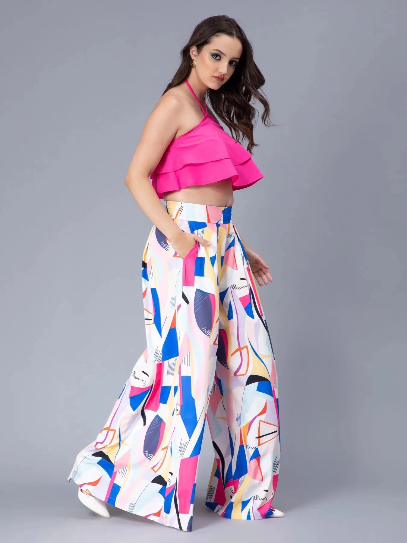 Ruffle Cami And Abstract Print Pants Set