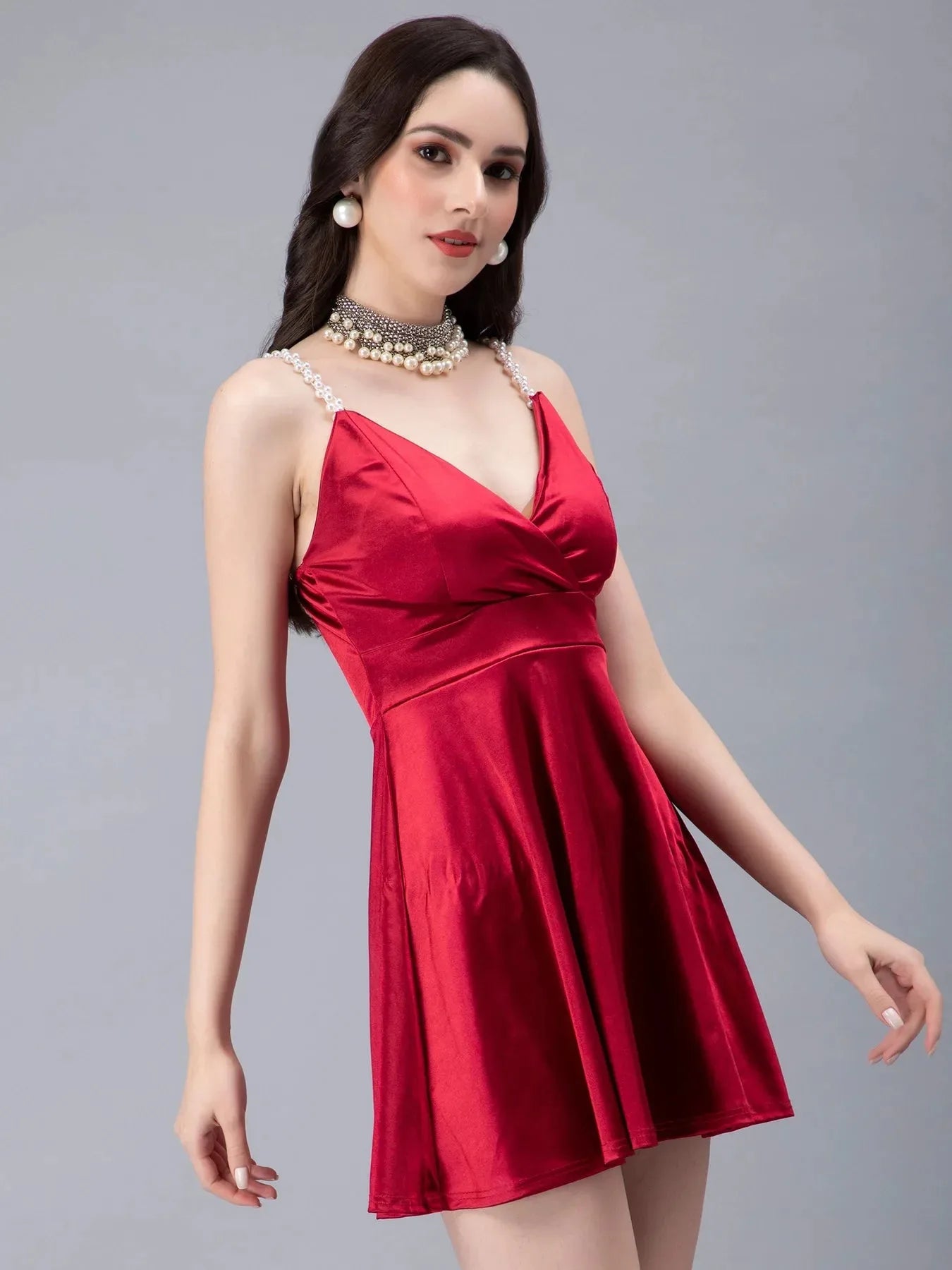 Pearl Straps Front Overlap Dress