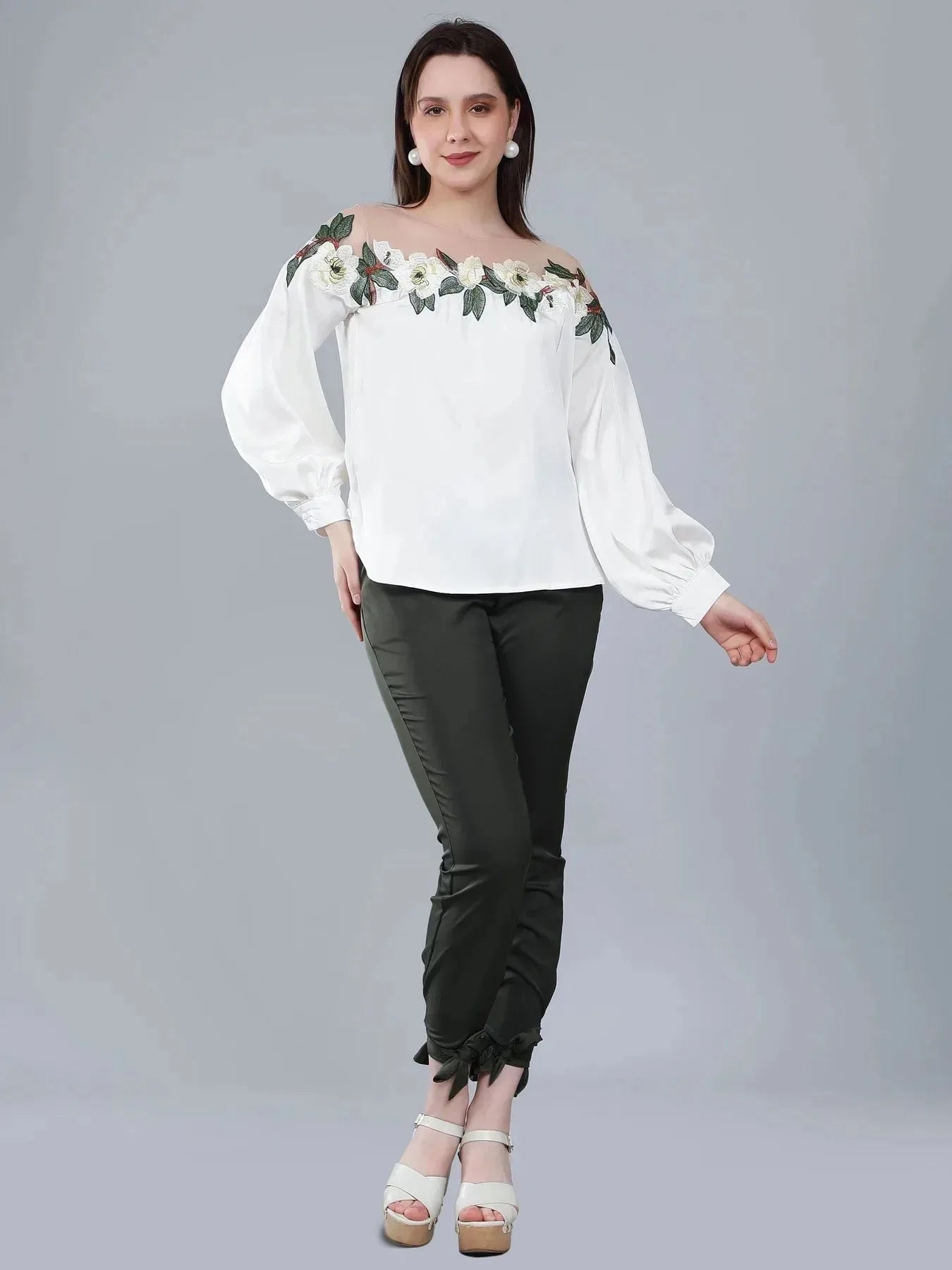 Flower Embroidery Satin Blouse