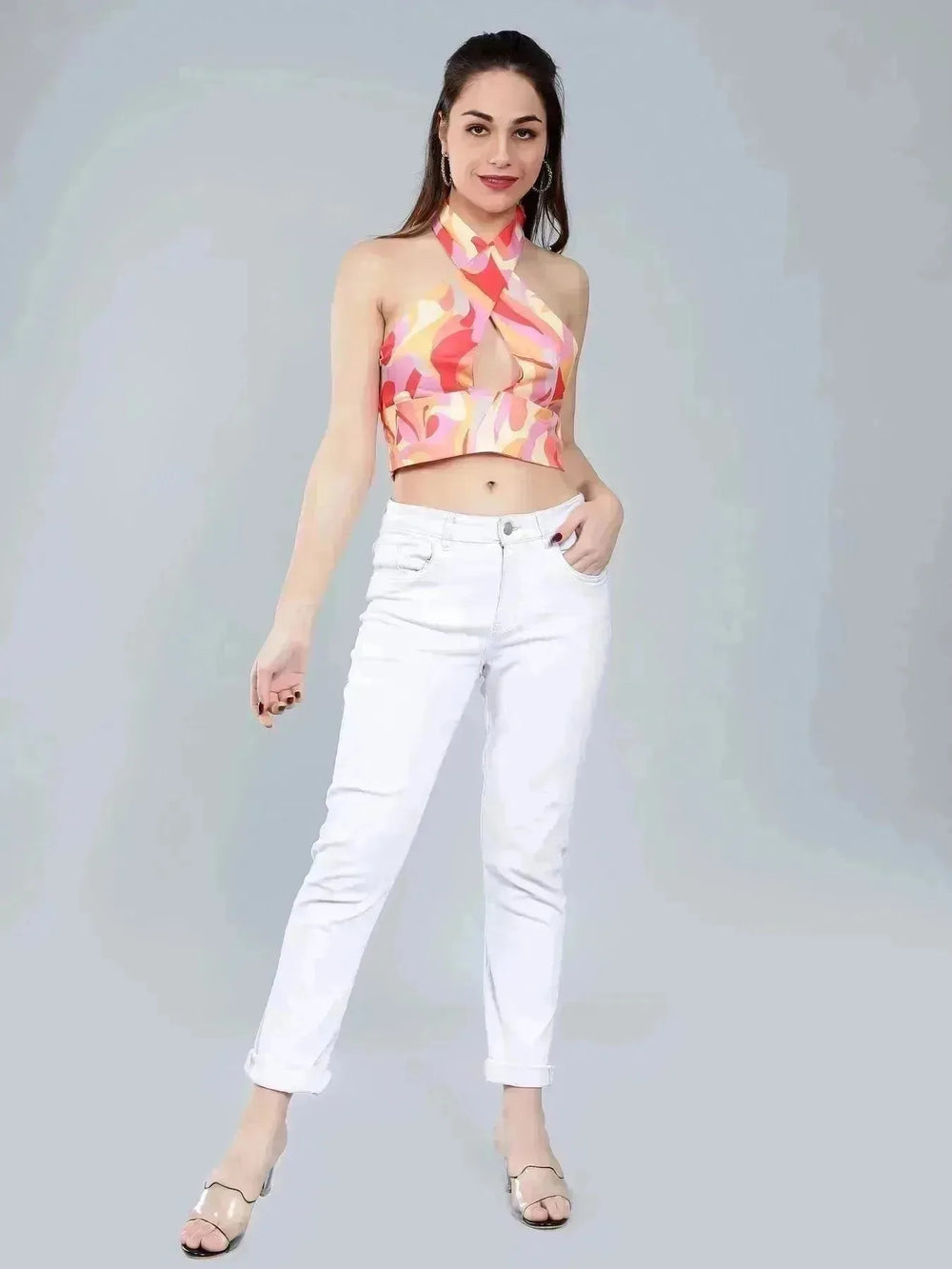 Abstract Print Cross Halter Top