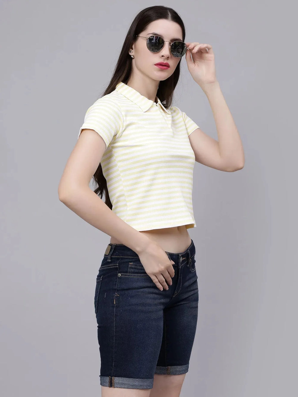 Cotton Striped Polo Neck T-Shirt