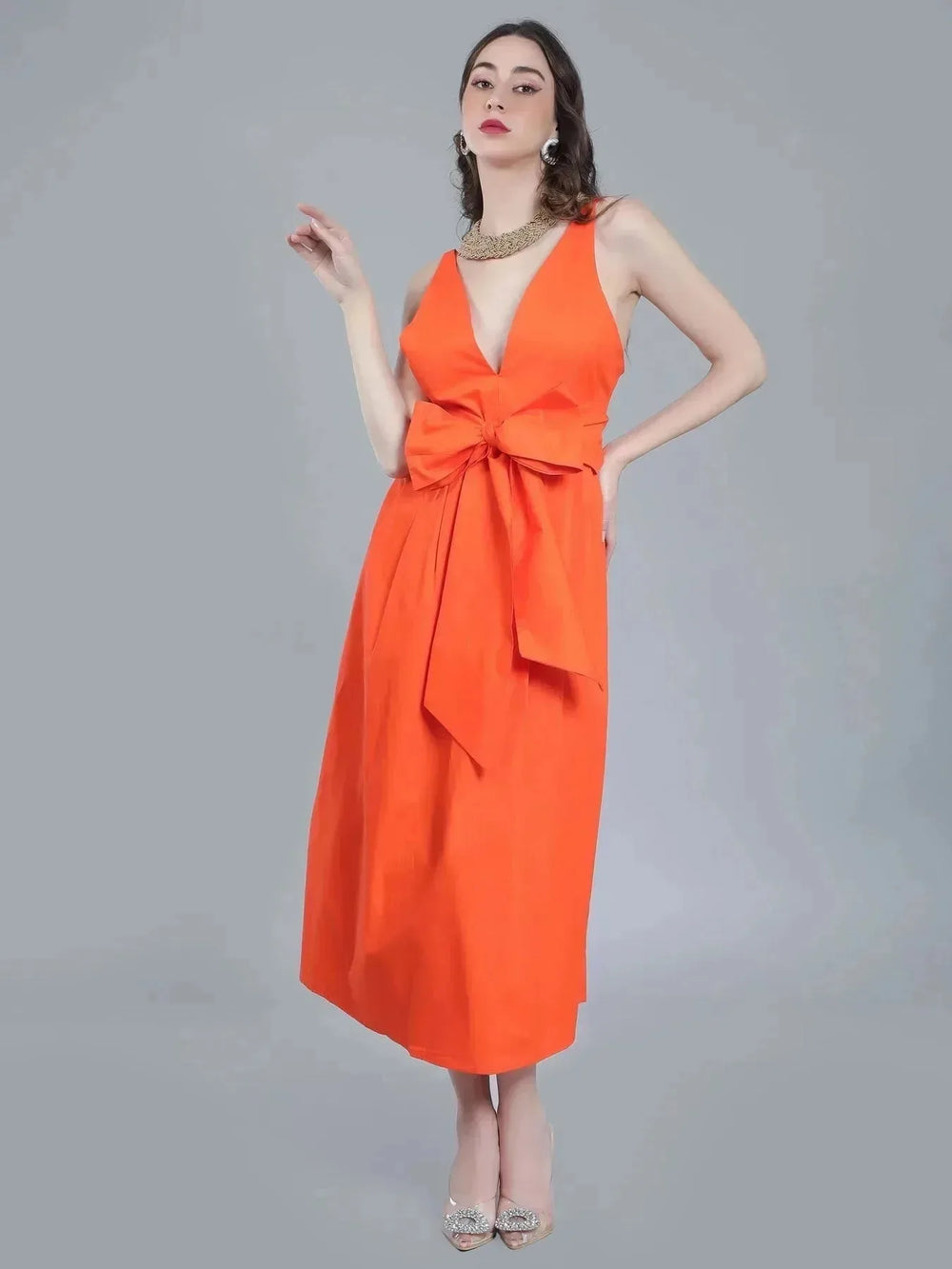 Deep V-Neck Cotton Dress