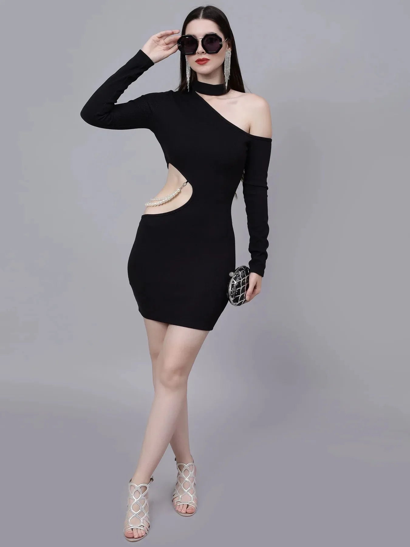 Pearl Detail Asymmetric Neck Cutout Dress