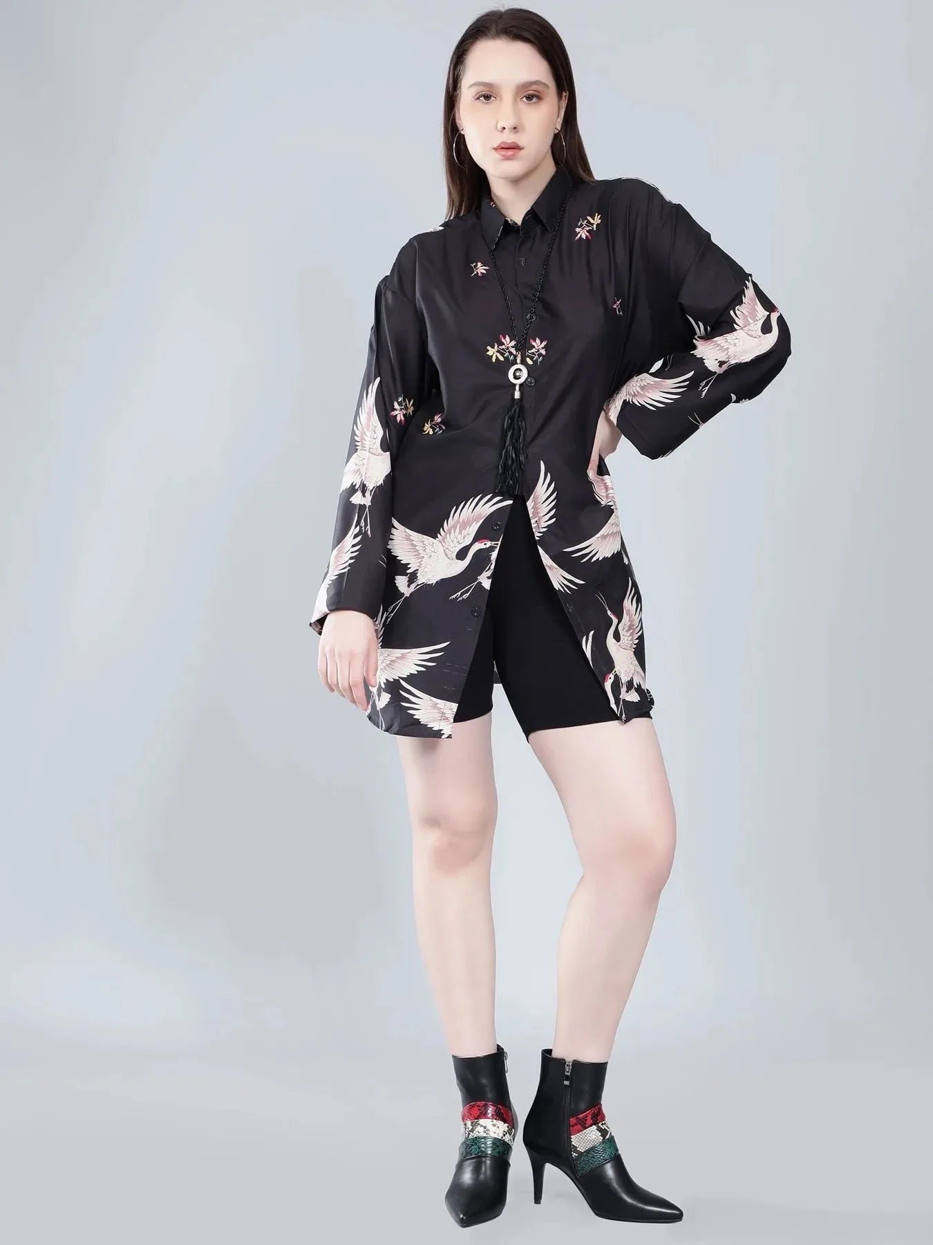 Crane Print Oversized Shirt