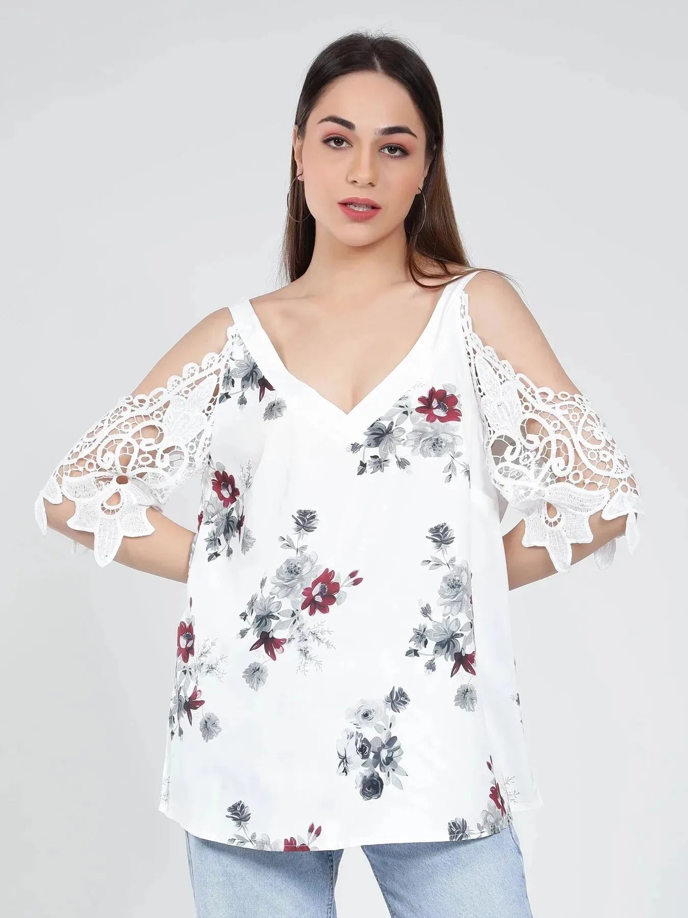 Cold Shoulder Lace Sleeves Blouse