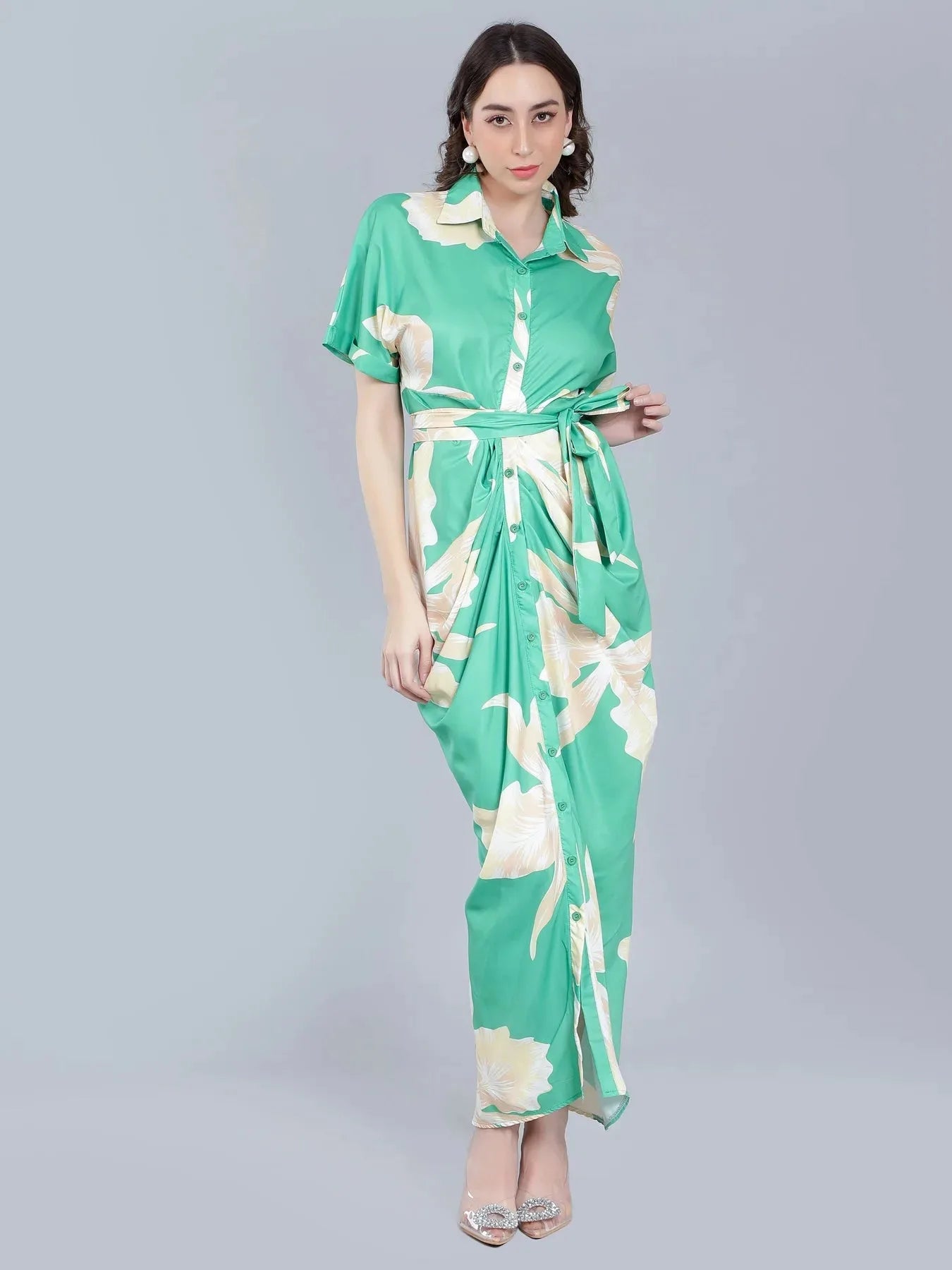 Button Down Ruched Shirt Dress