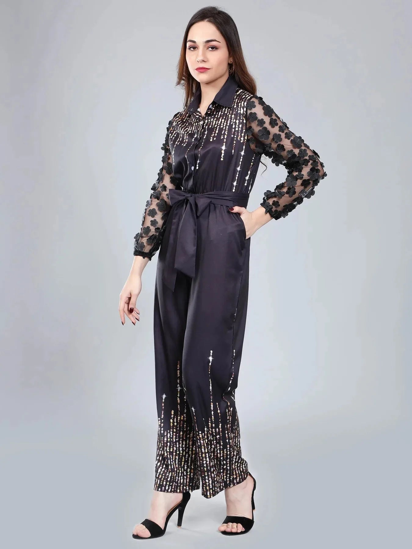 Tulle Sleeves Printed Jumpsuit