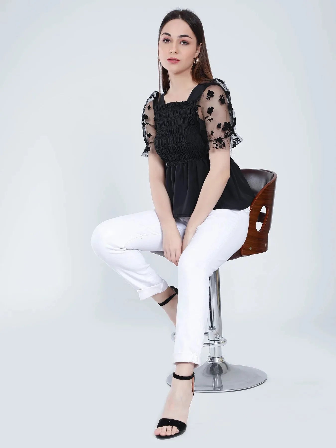 Flock Print Tulle Sleeves Smocking Top