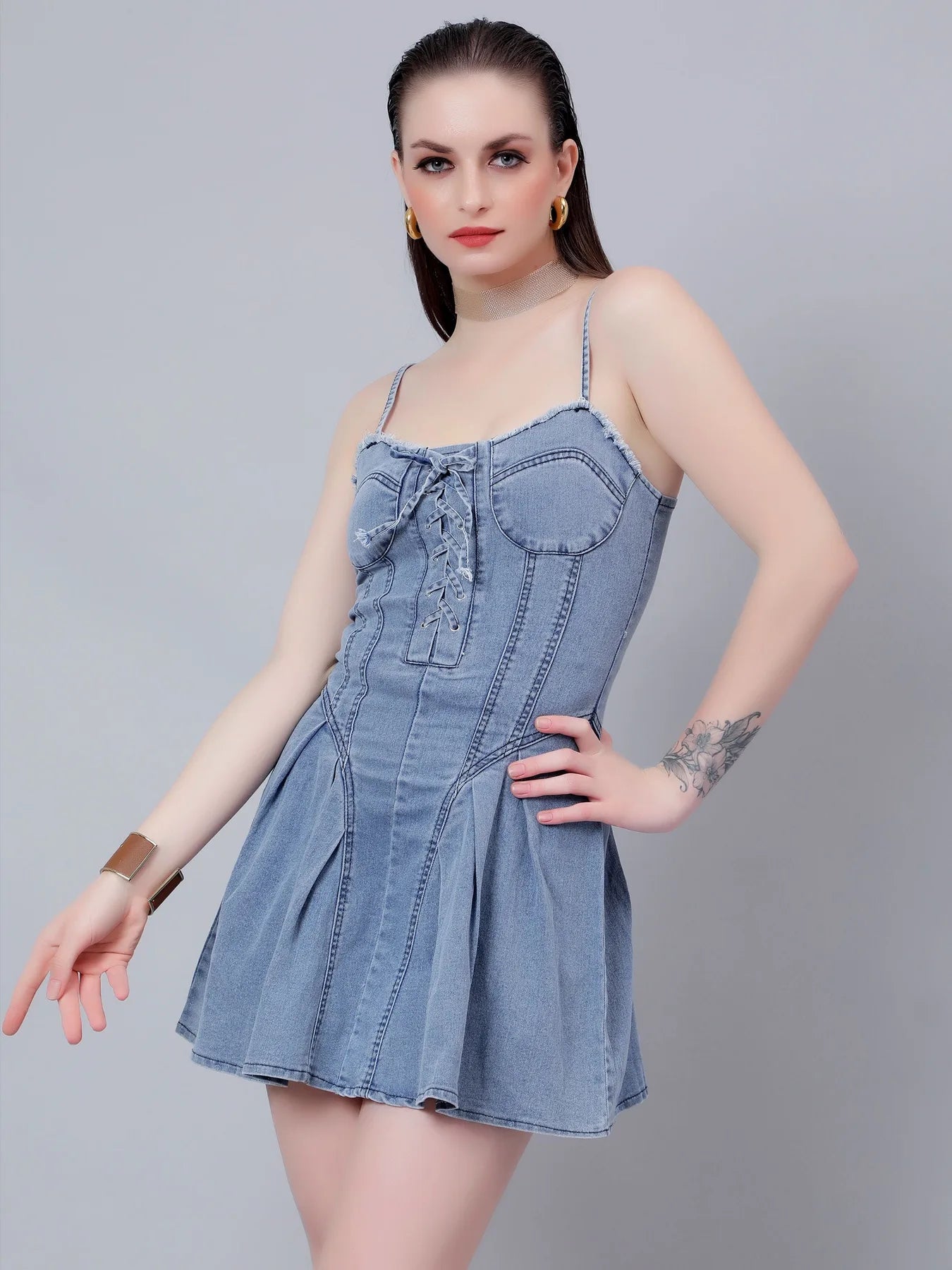 Lace Up Pleated Denim Dress