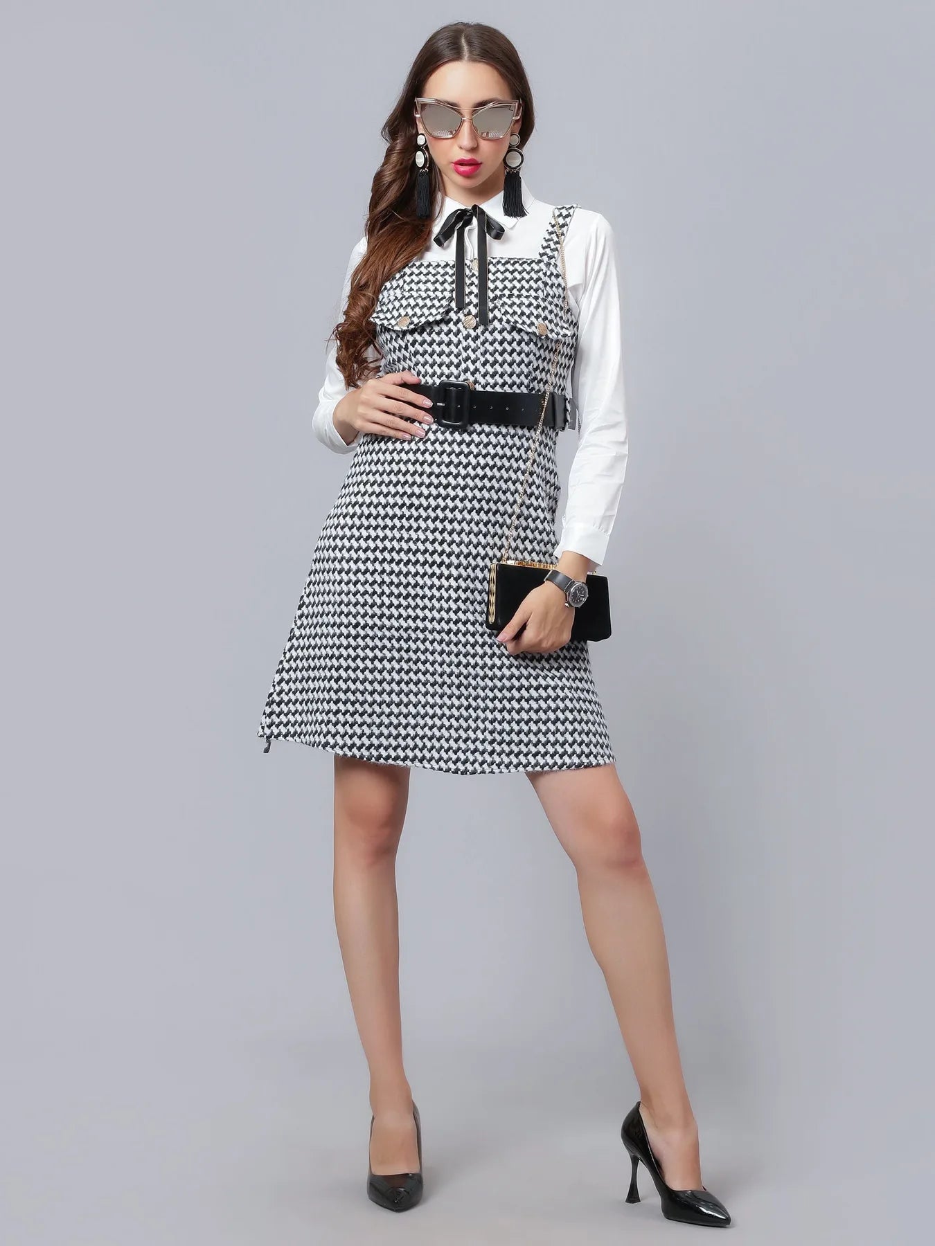 Houndstooth Tweed Suspender Dress & Shirt Set