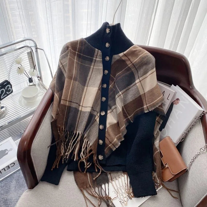 Plaid Cape Knitted Cardigan