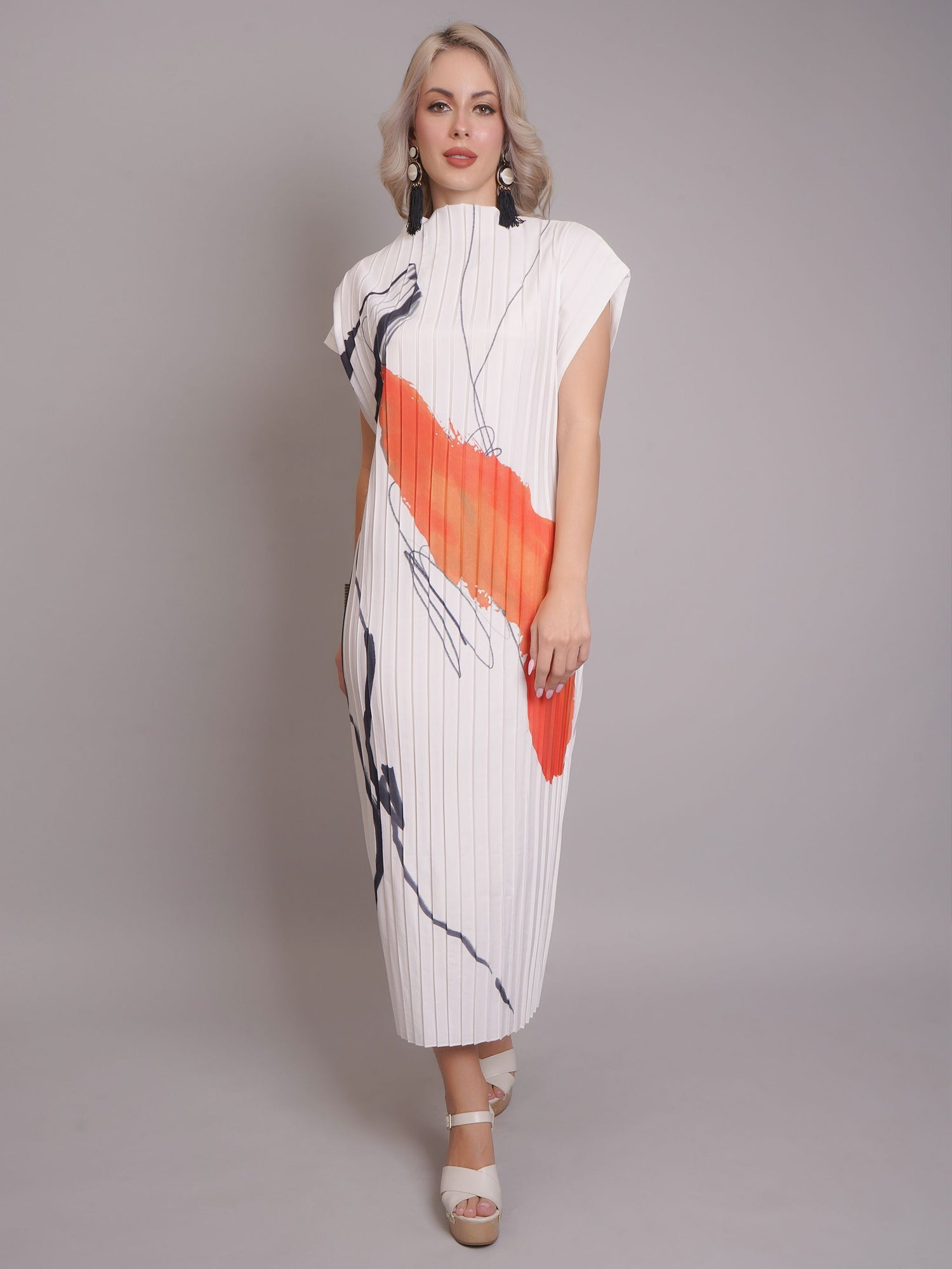 Printed Pleated Midi Dress