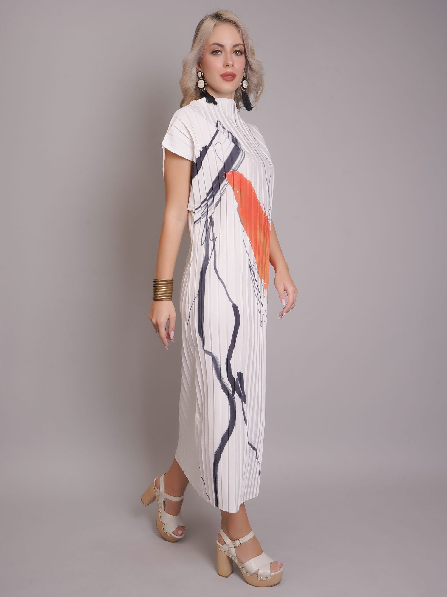 Printed Pleated Midi Dress