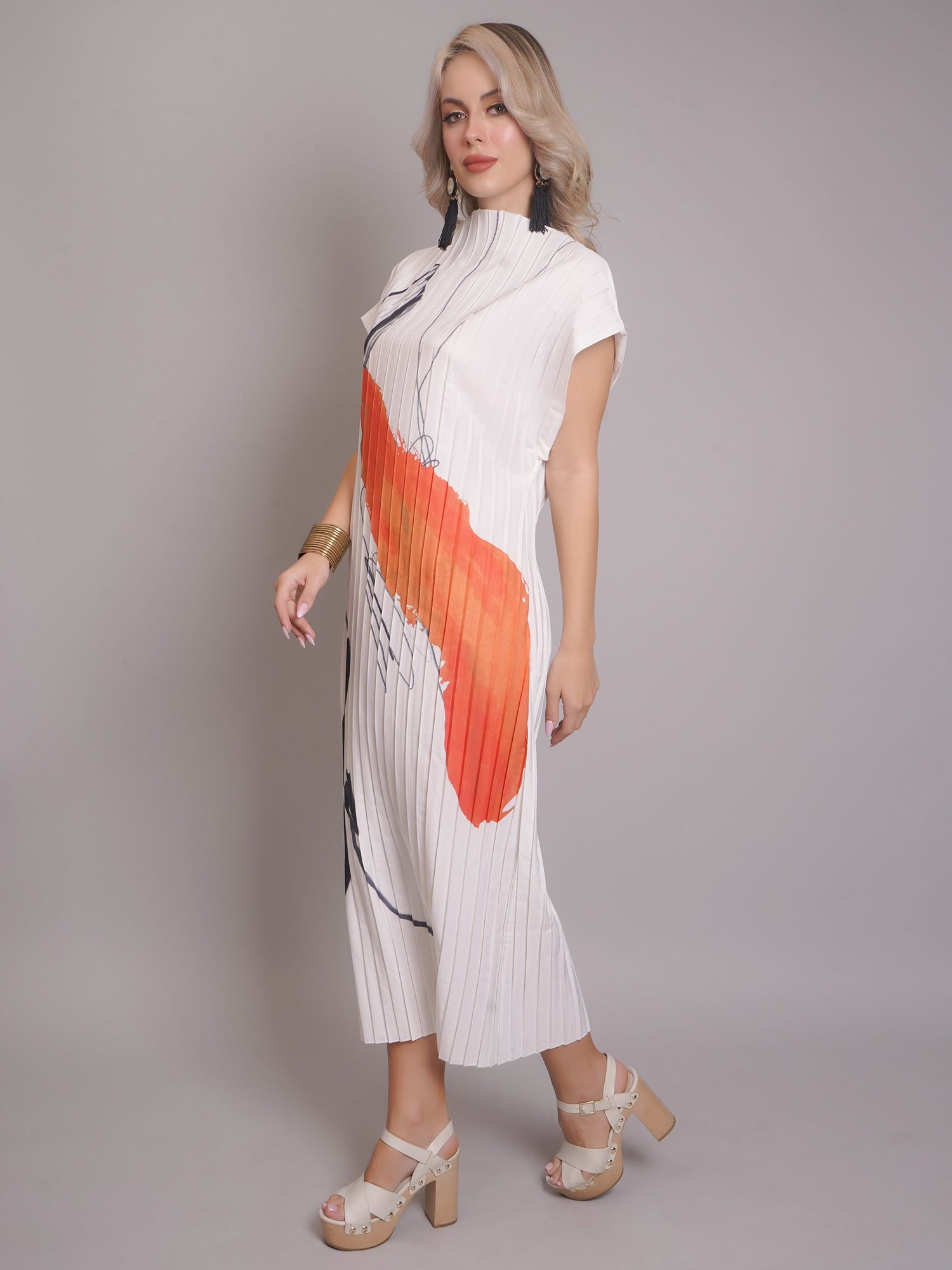 Printed Pleated Midi Dress