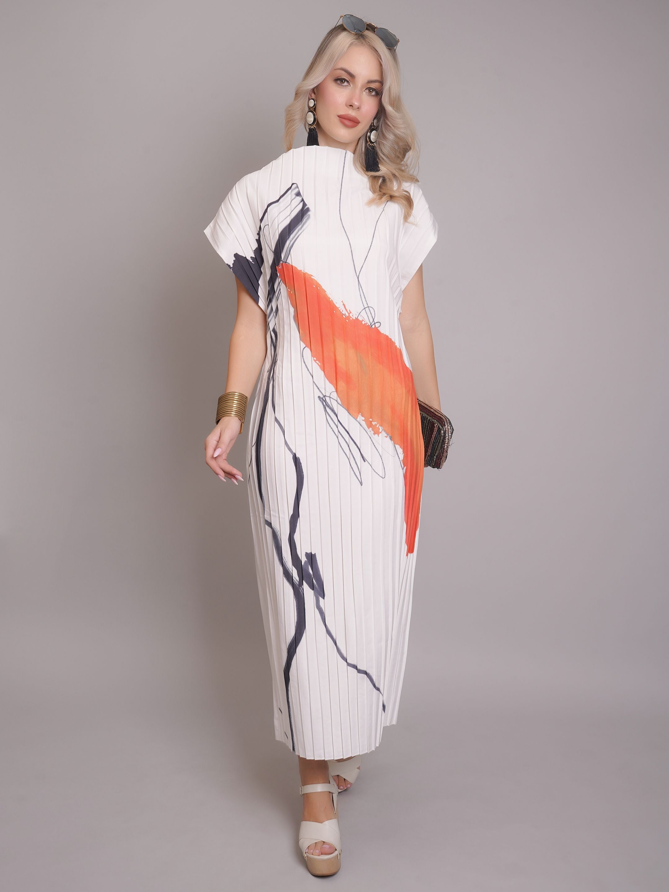 Printed Pleated Midi Dress