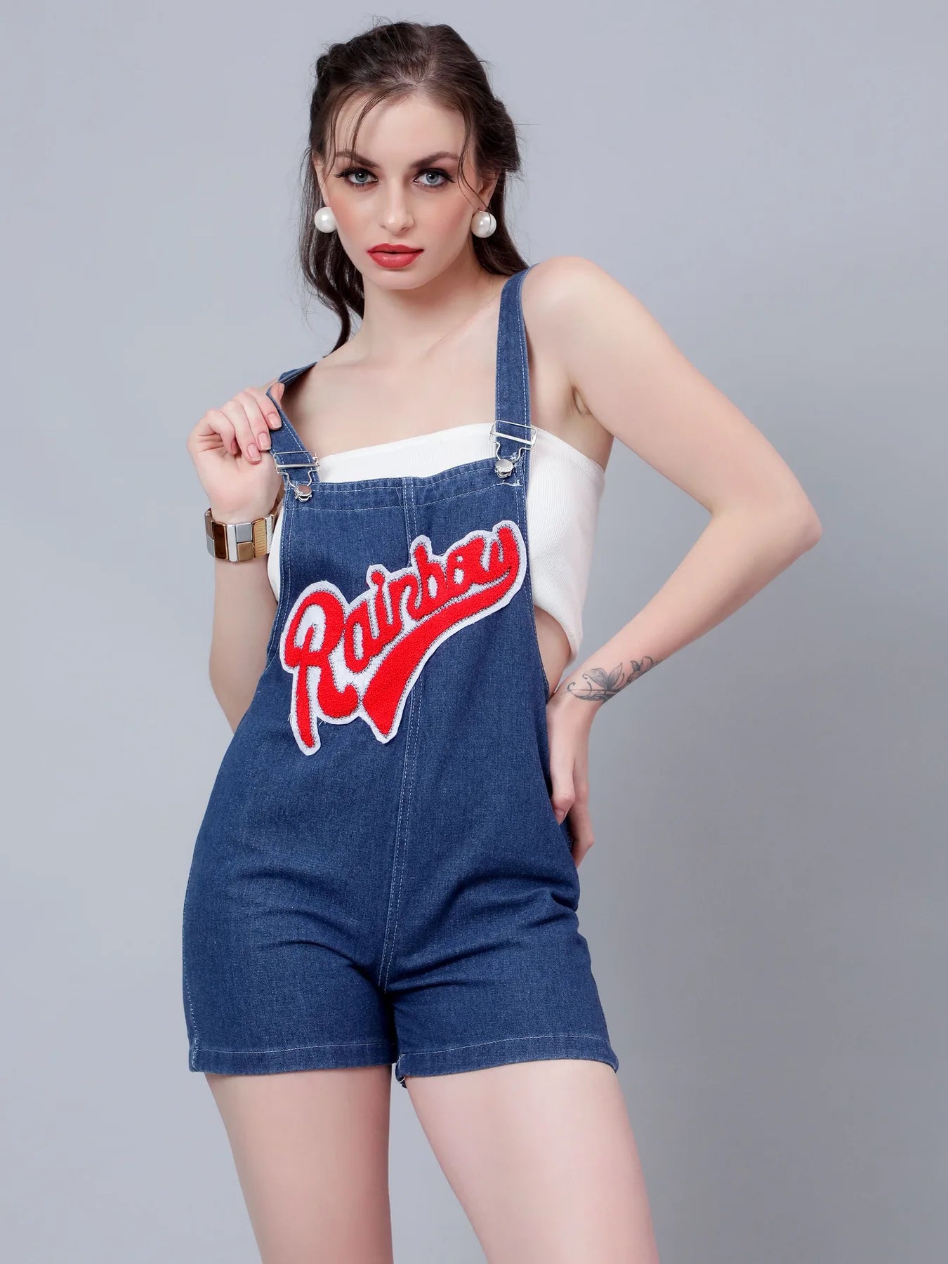 Embroidery Denim Playsuit