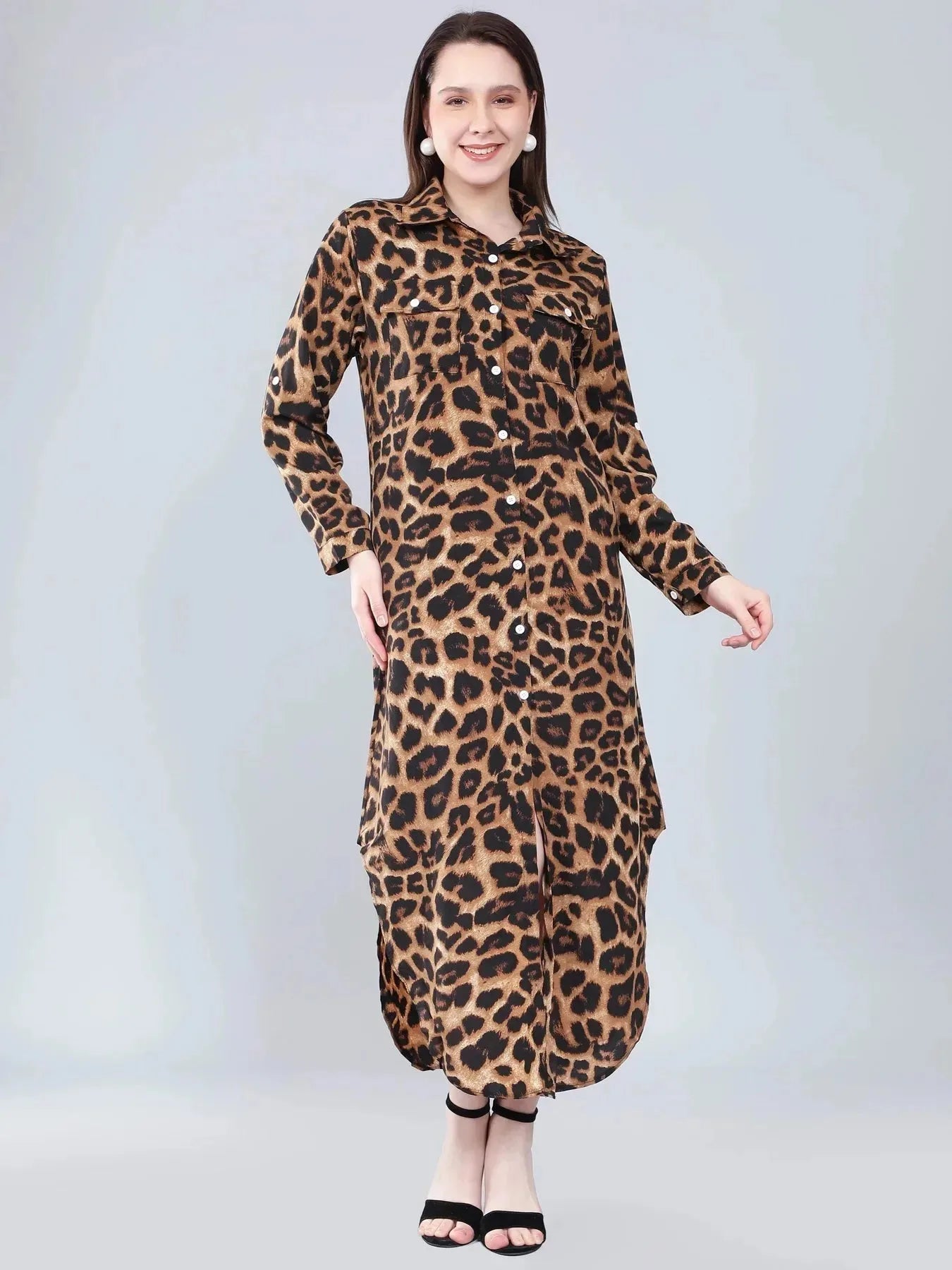 Leopard Print Long Shirt Dress