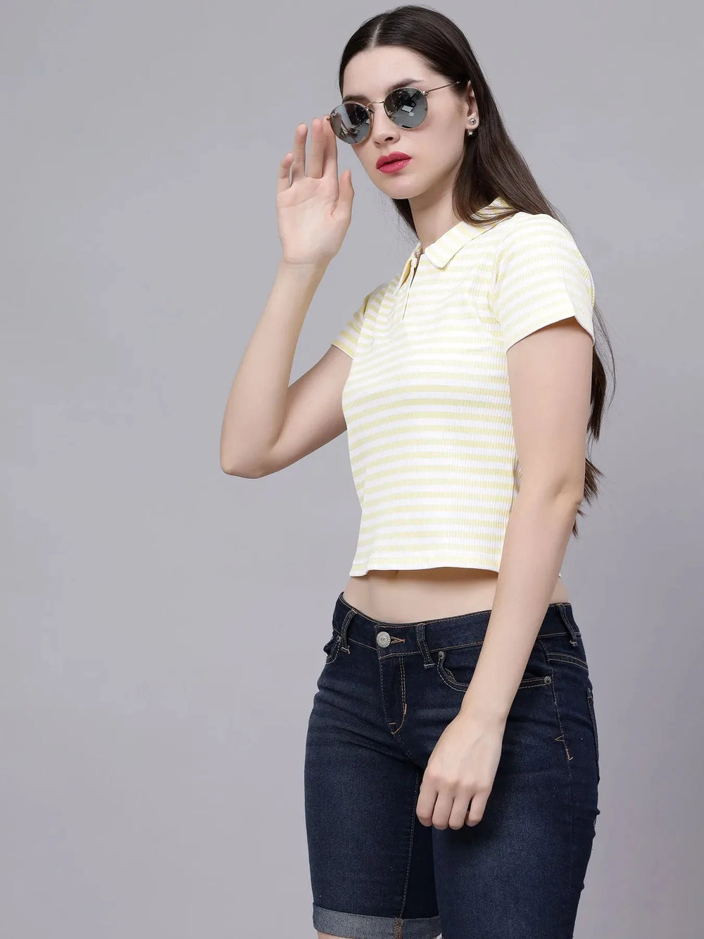 Cotton Striped Polo Neck T-Shirt