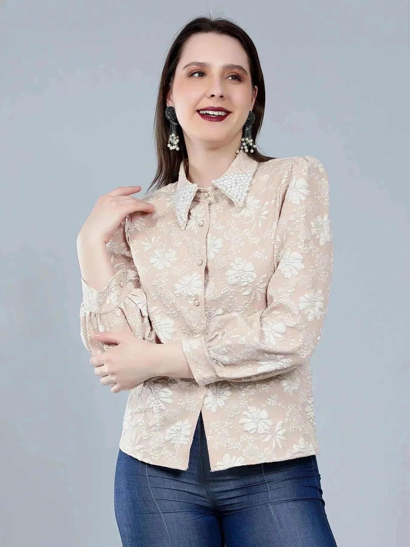 Pearl Beading Jacquard Shirt