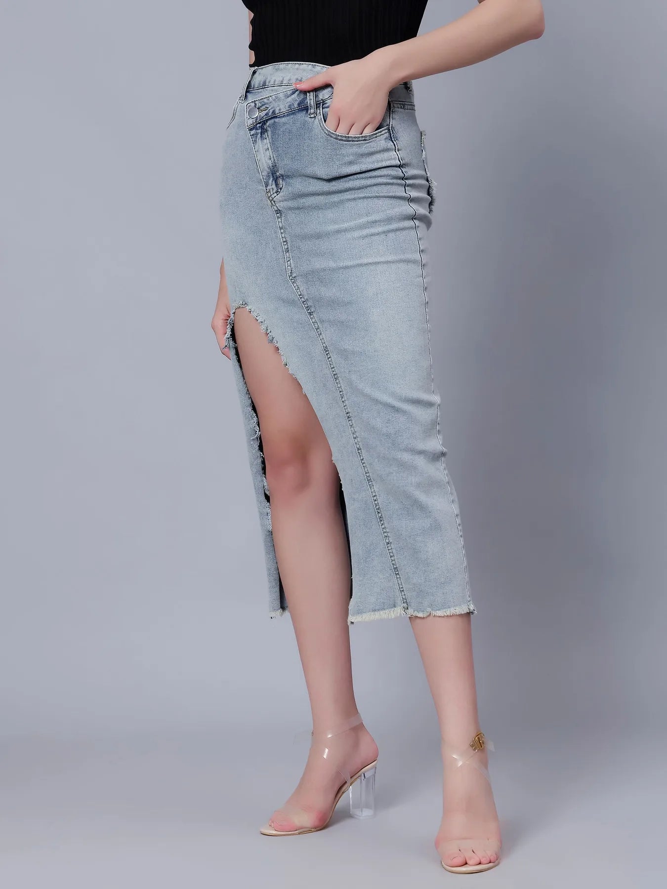 High-Rise Slit Frayed Denim Skirt