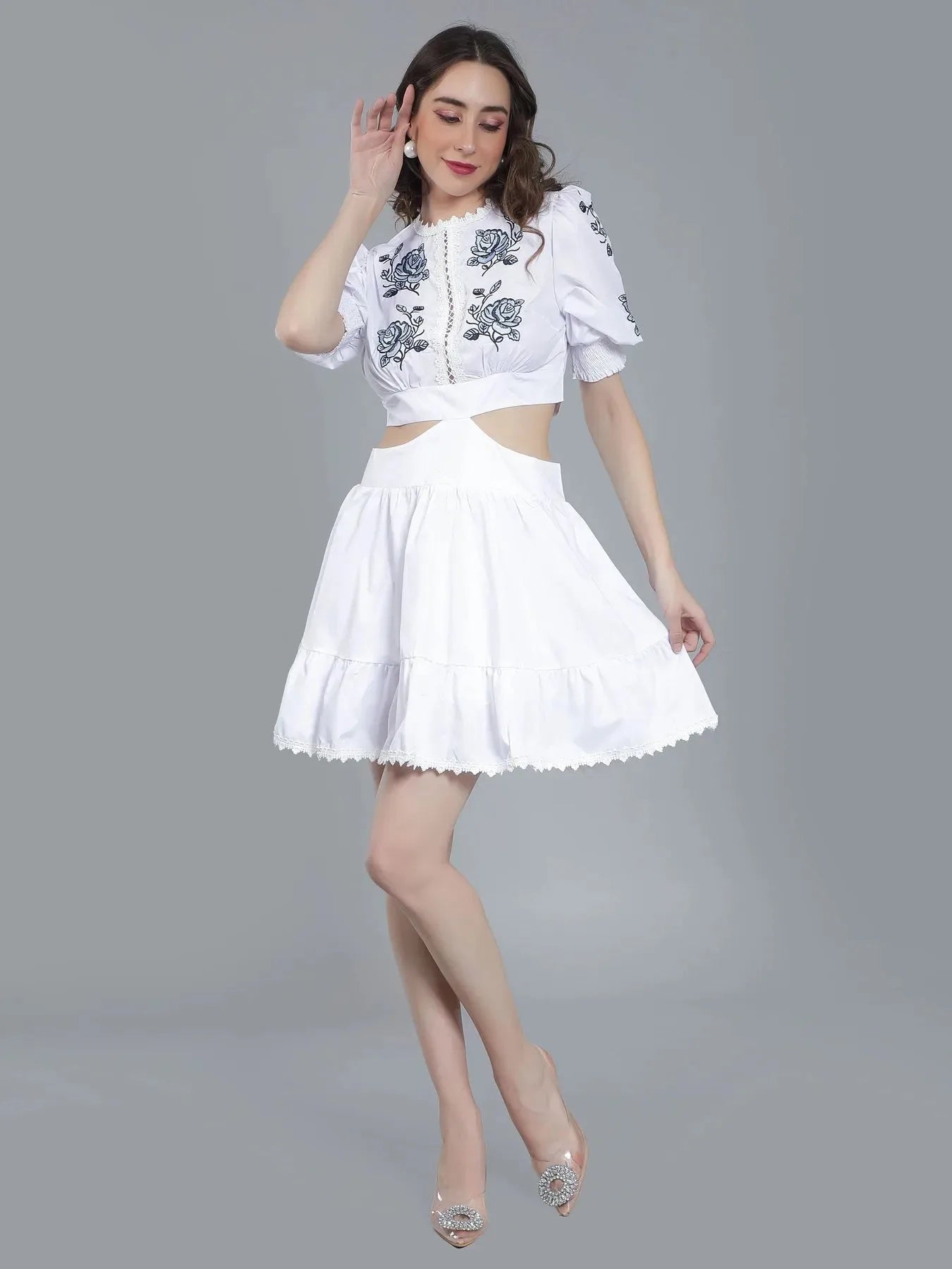 Flower Embroidery Waist Cut Out Dress