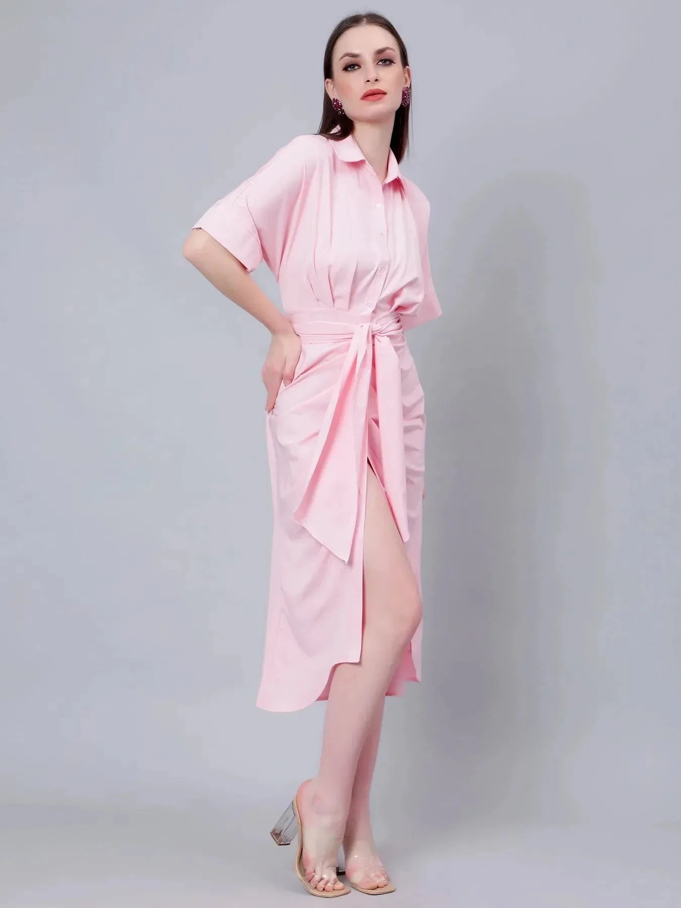 Cinched Waist Belted Shirt Dress