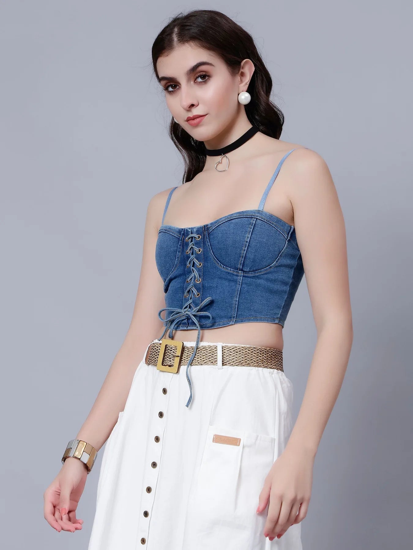 Lace-Up Denim Crop Top