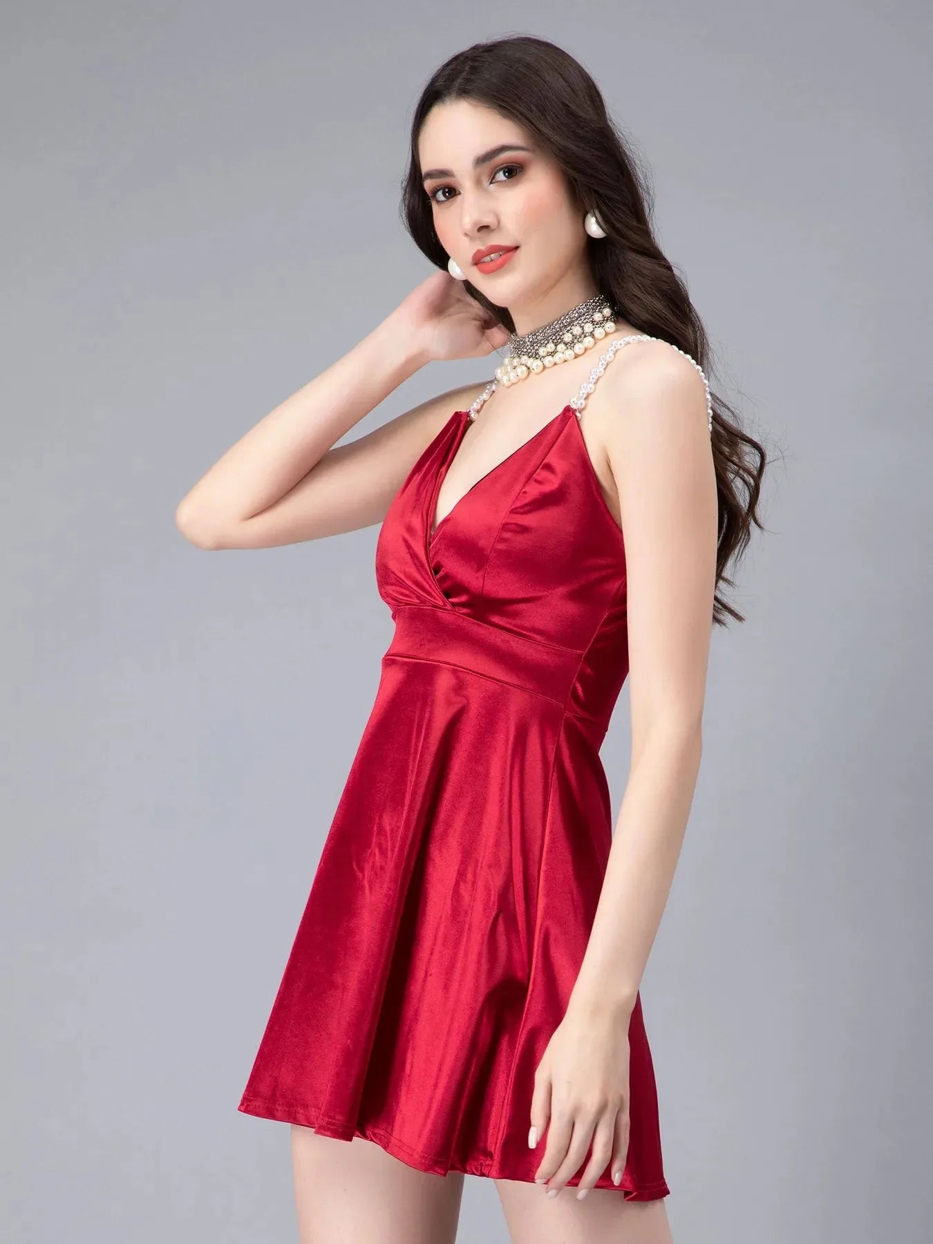 Pearl Straps Front Overlap Dress