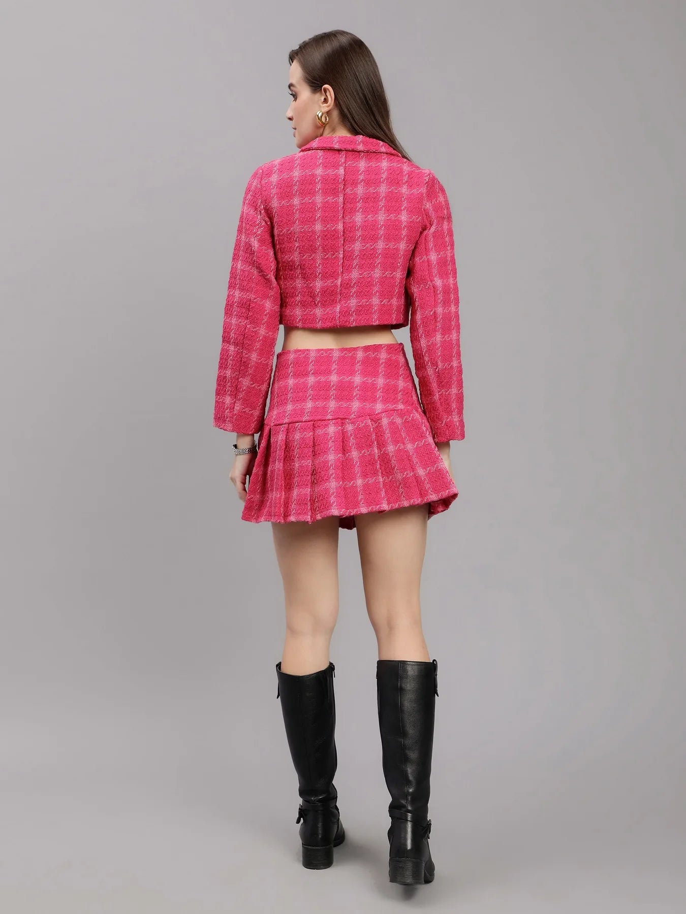 Plaid Tweed Blazer Skirt Set