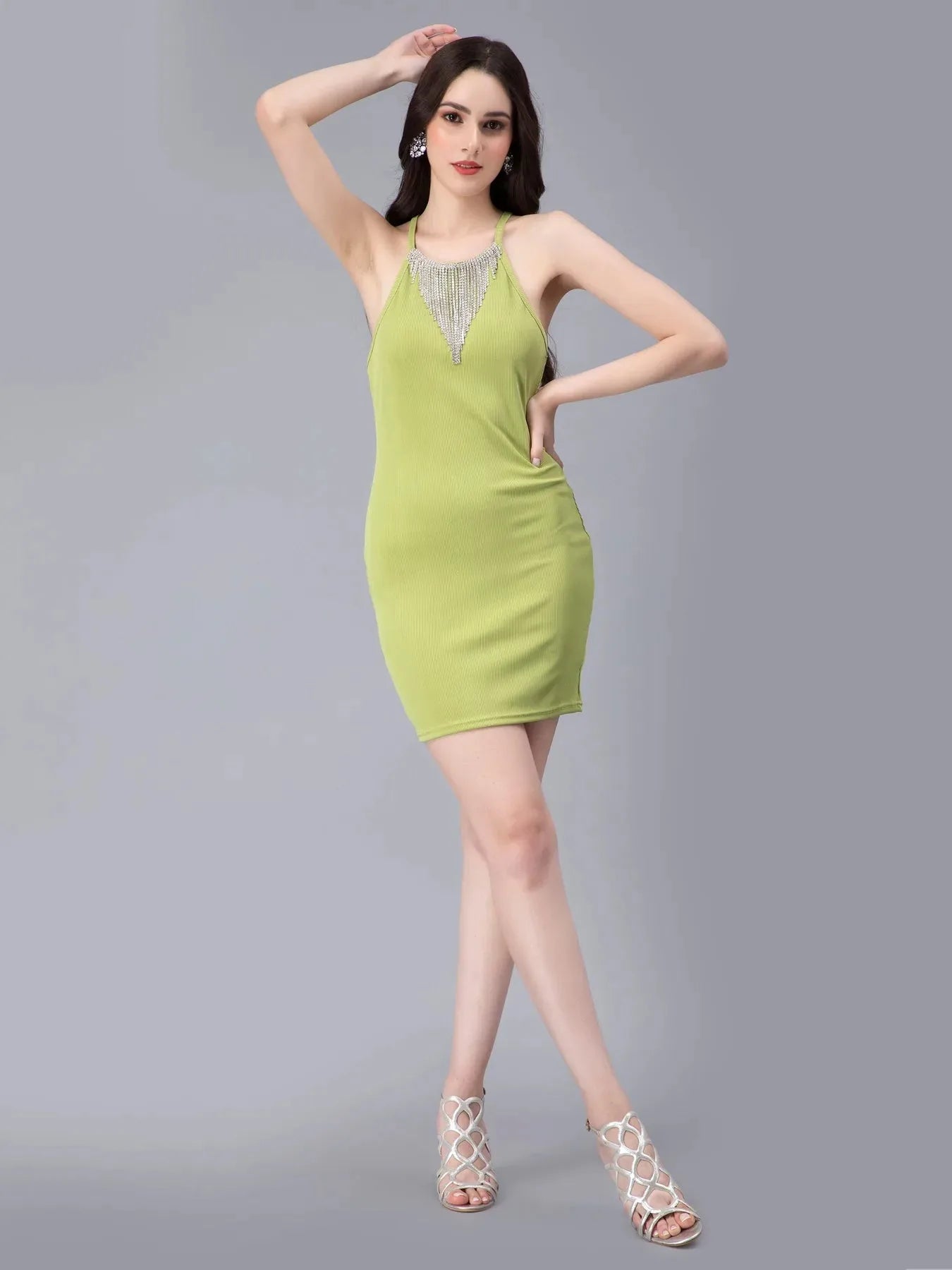 Halter Rhinestone Fringes Necklace Dress
