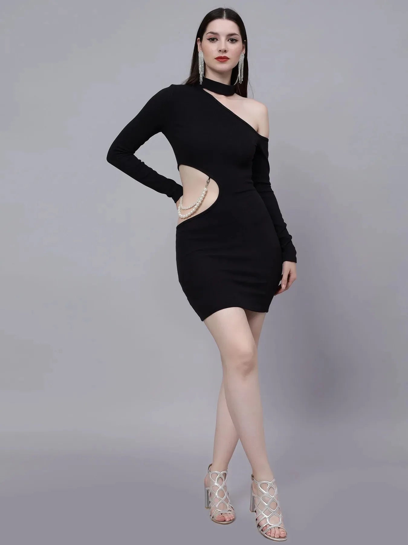 Pearl Detail Asymmetric Neck Cutout Dress