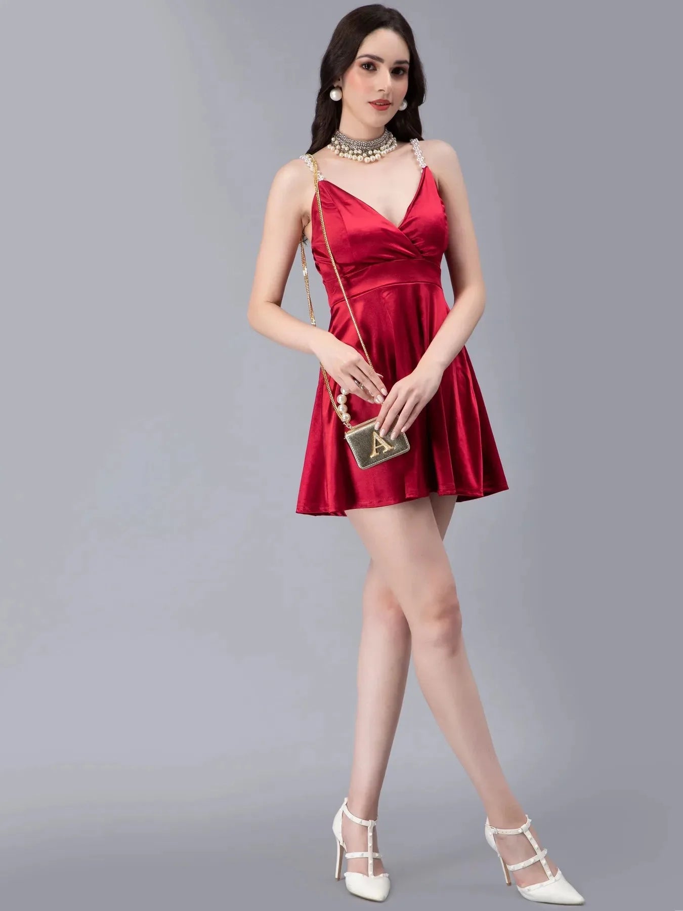 Pearl Straps Front Overlap Dress