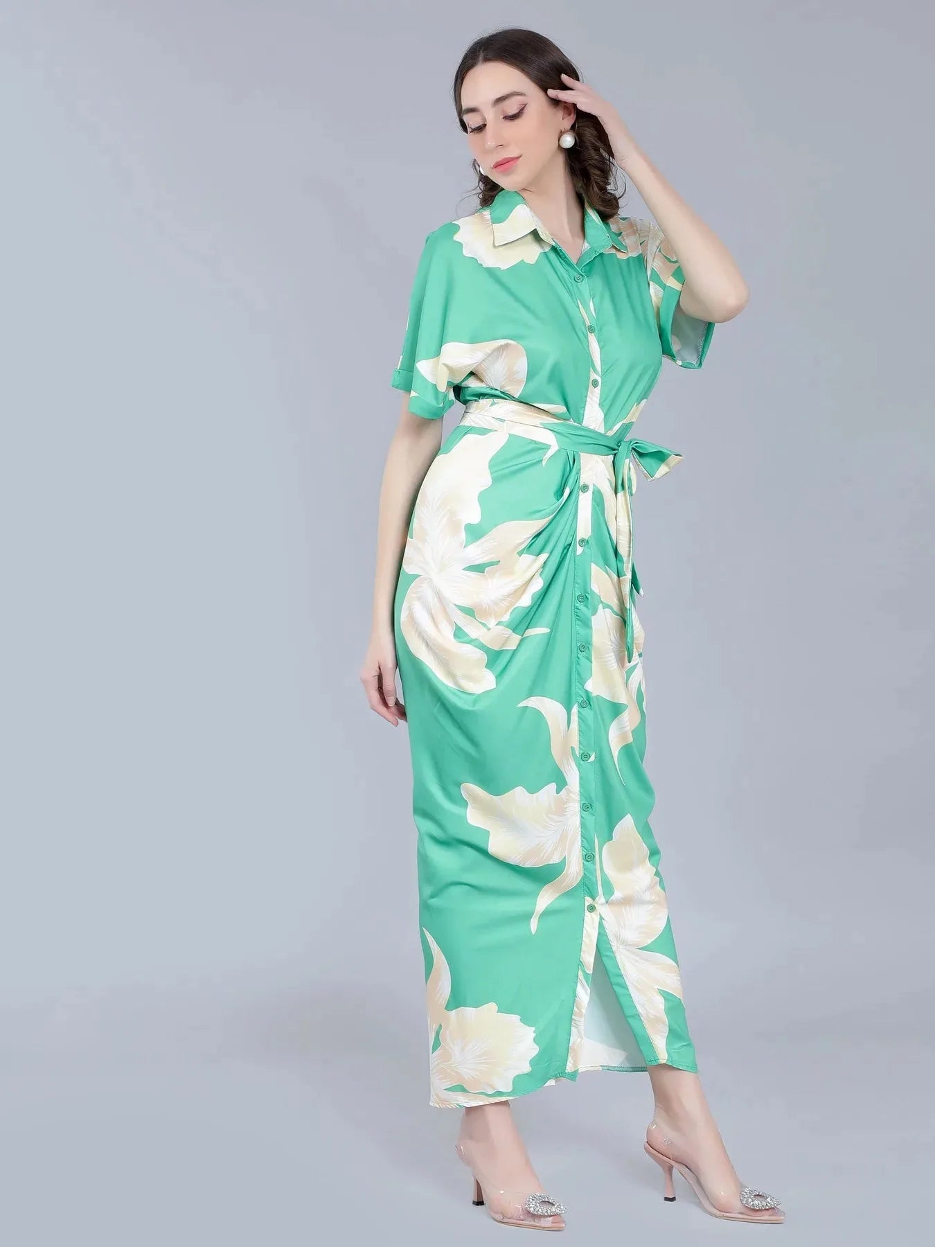 Button Down Ruched Shirt Dress