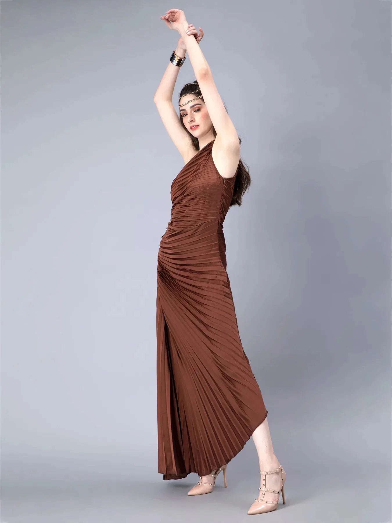 Fan Pleats One-Shoulder Dress