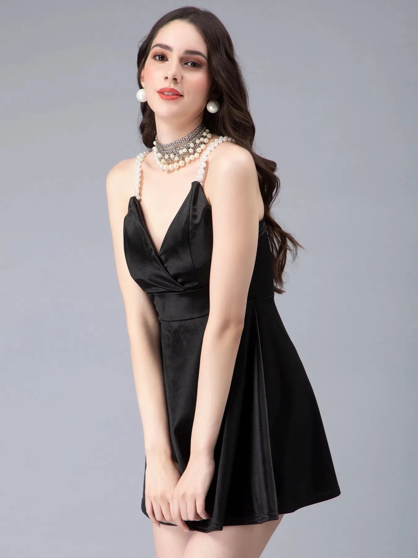 Pearl Straps Front Overlap Dress