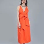 Deep V-Neck Cotton Dress S Orange